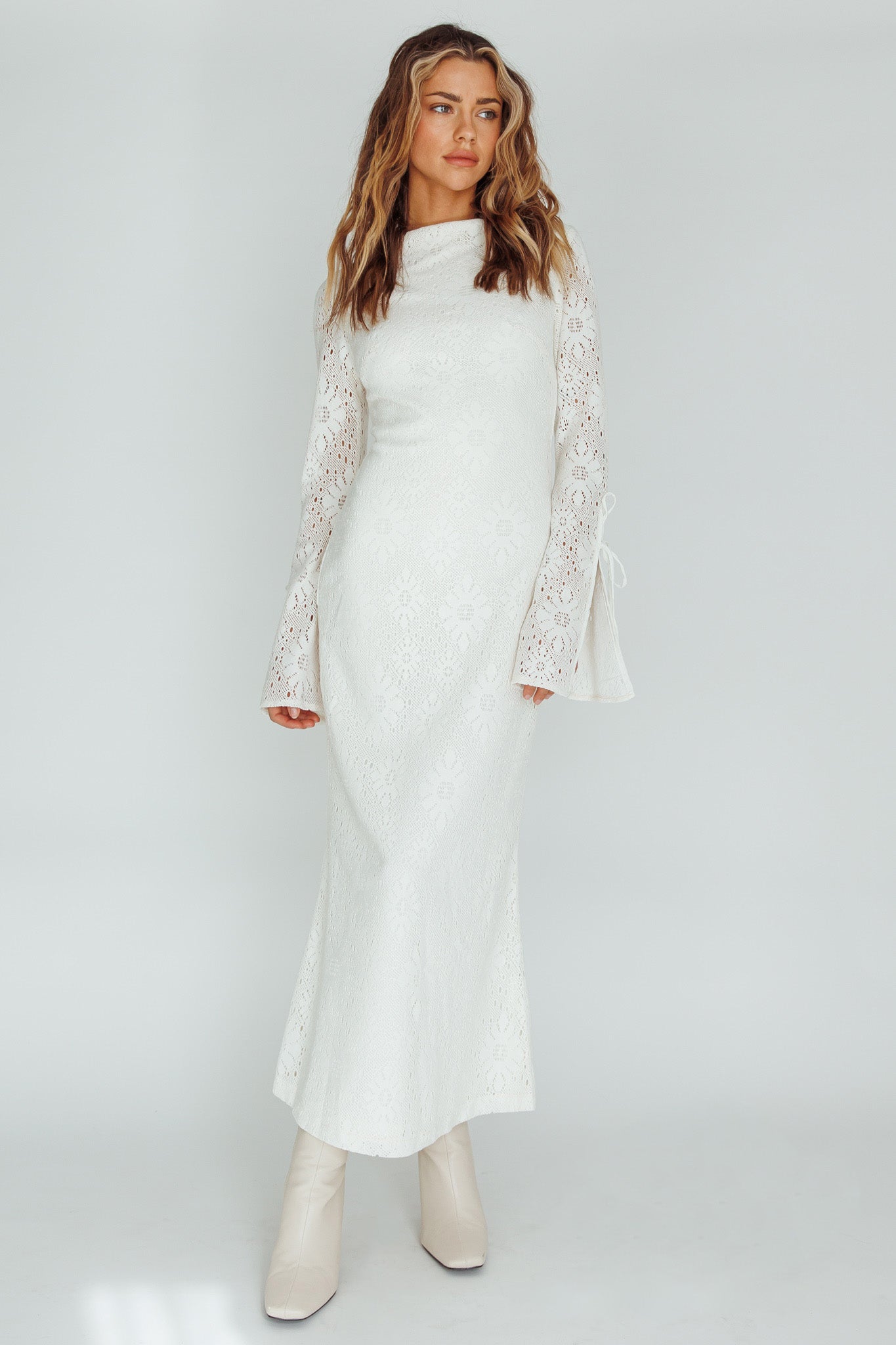 Kalia Long Sleeve Lace Midi Dress Cream by Selfie Leslie