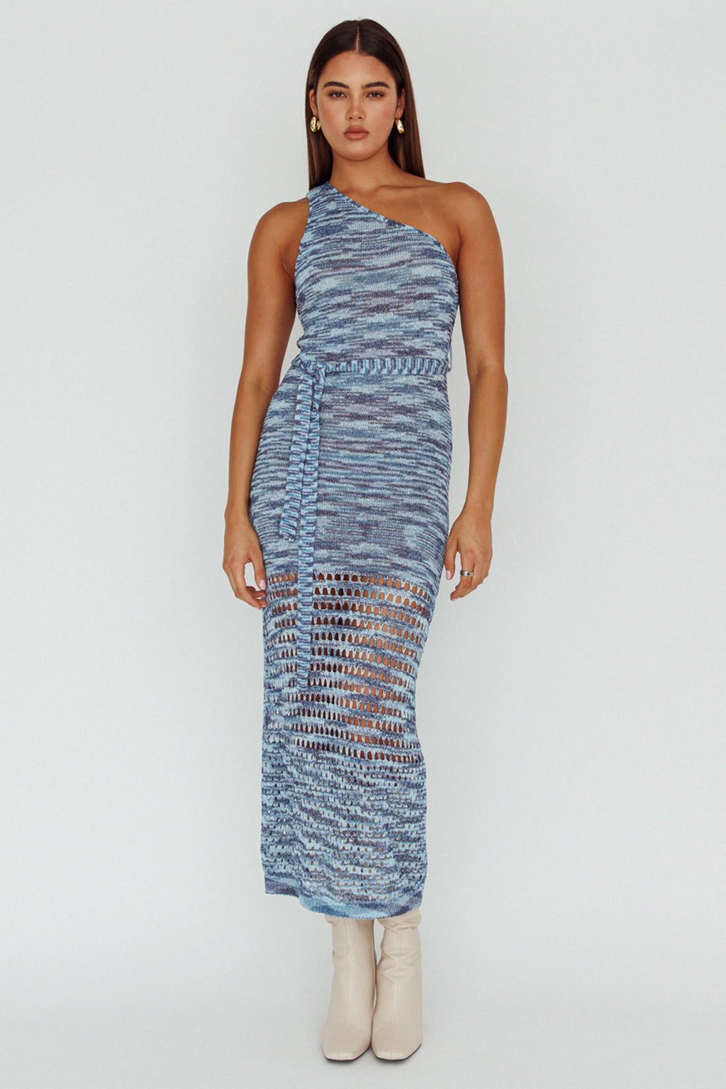 Tyanna One-Shoulder Knit Midi Dress Blue Multi by Selfie Leslie