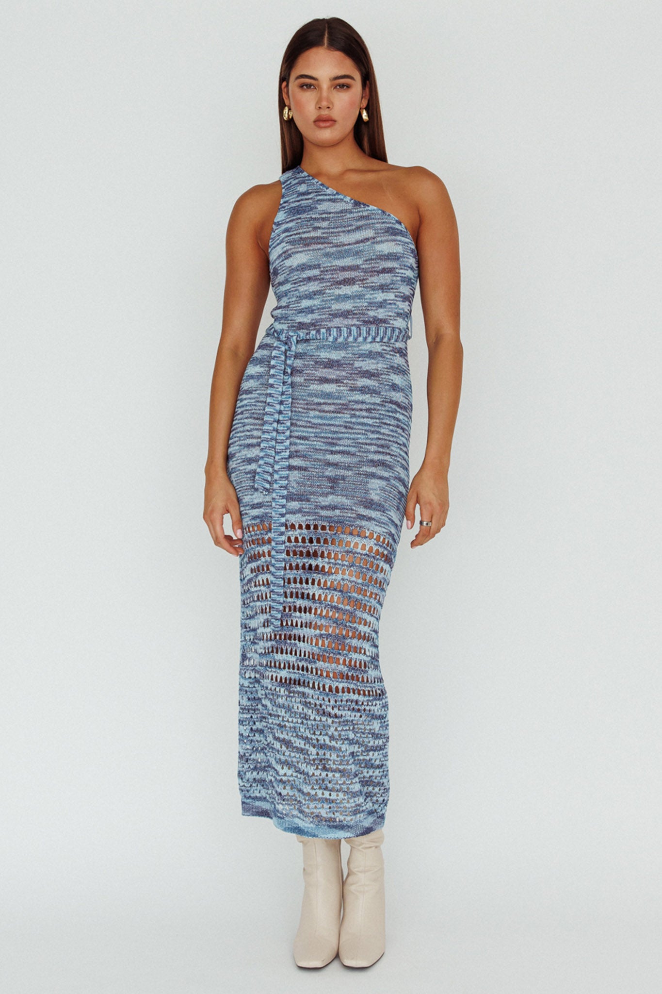 Tyanna One-Shoulder Knit Midi Dress Blue Multi by Selfie Leslie