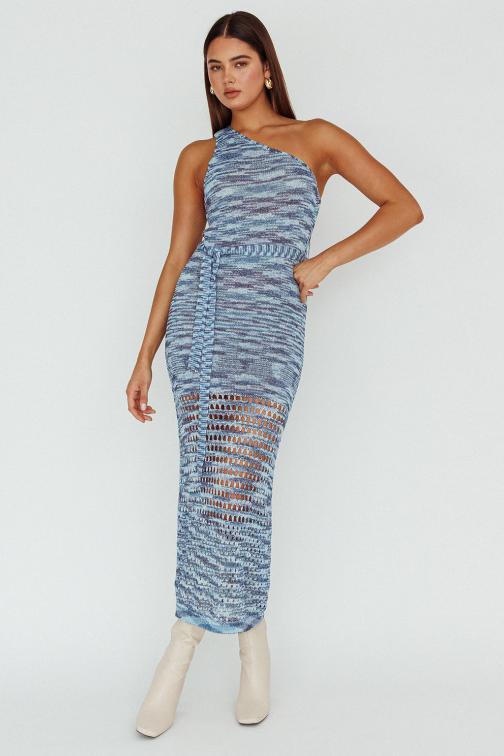 Tyanna One-Shoulder Knit Midi Dress Blue Multi by Selfie Leslie