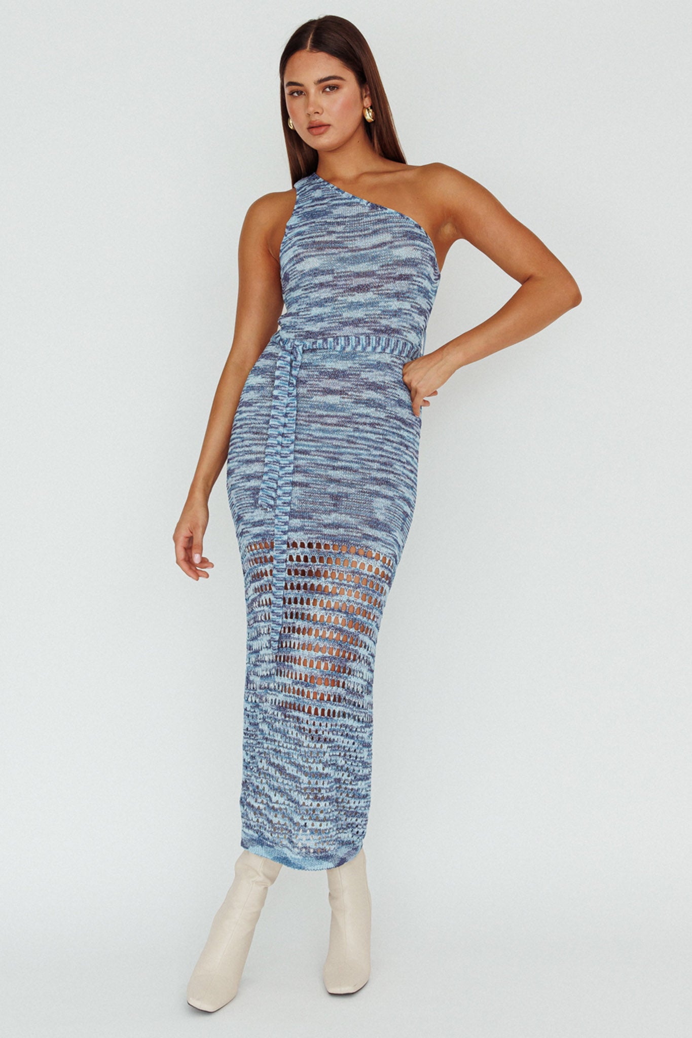 Tyanna One-Shoulder Knit Midi Dress Blue Multi by Selfie Leslie