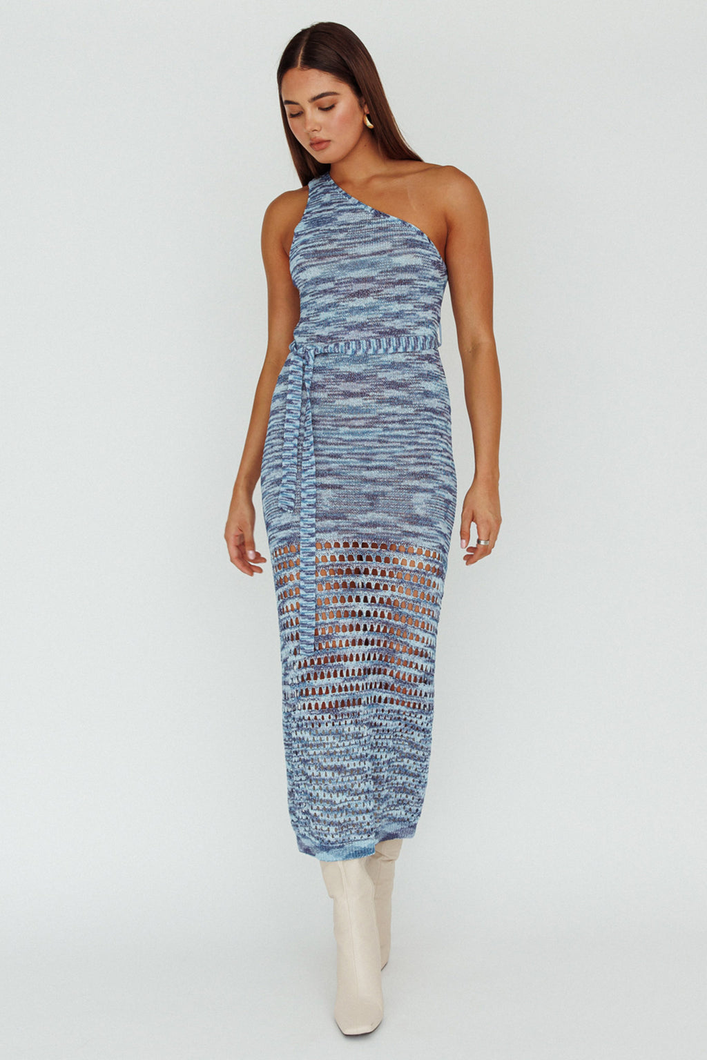 Tyanna One-Shoulder Knit Midi Dress Blue Multi by Selfie Leslie