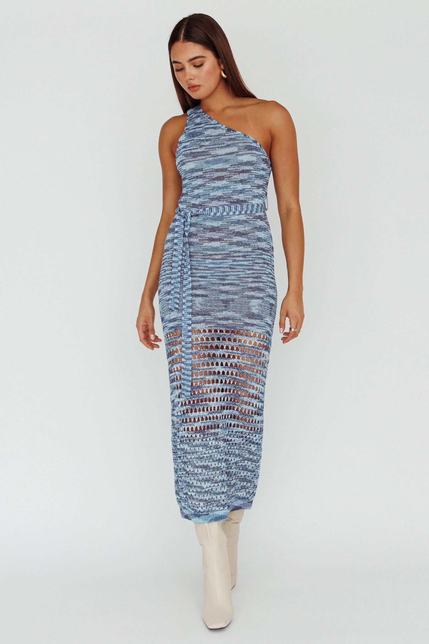 Tyanna One-Shoulder Knit Midi Dress Blue Multi by Selfie Leslie