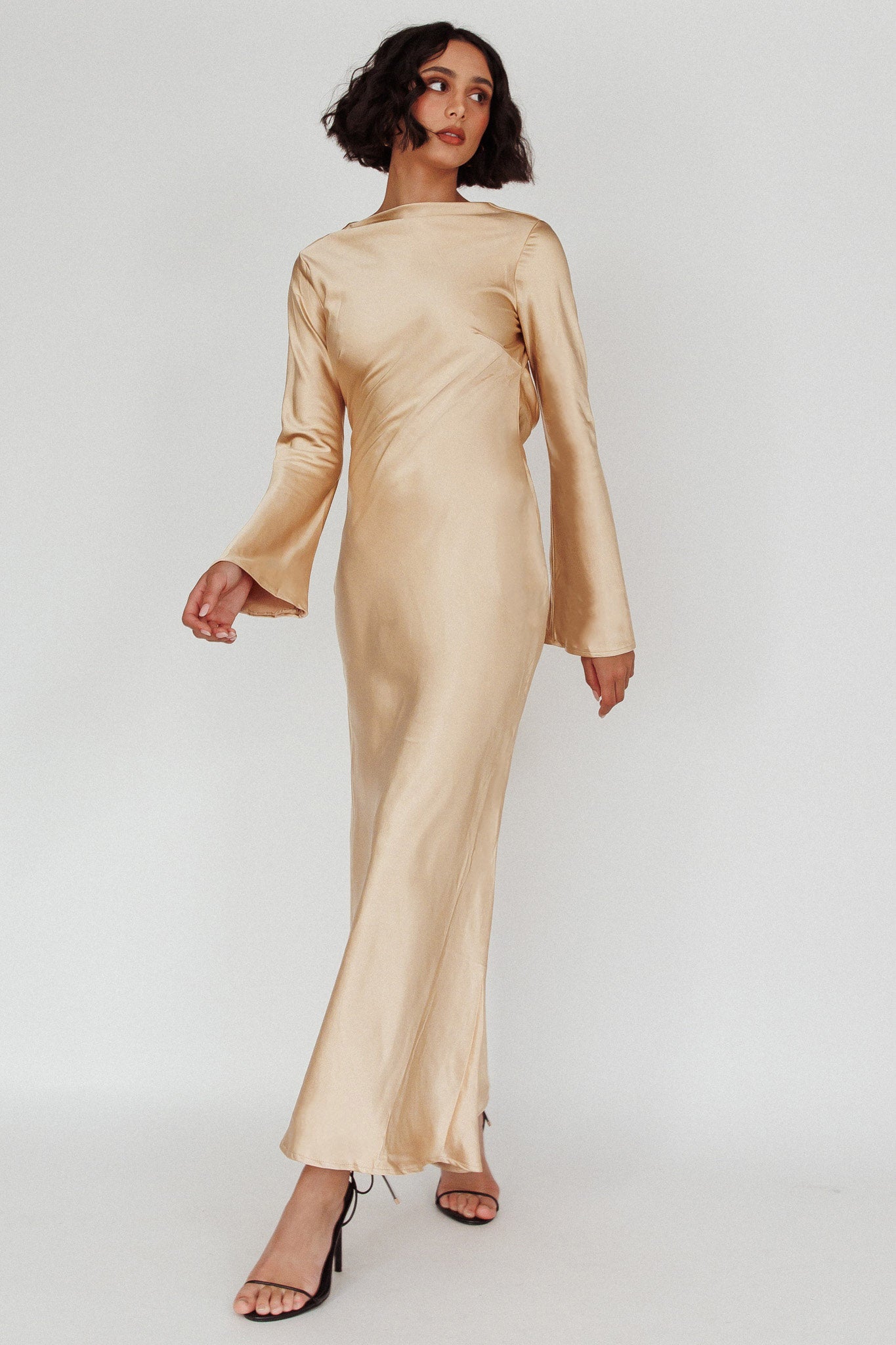 Lavera Open Back Long Sleeve Dress Beige by Selfie Leslie