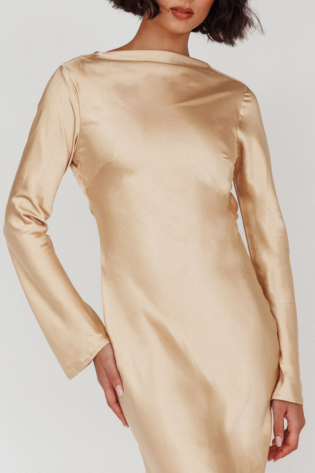 Lavera Open Back Long Sleeve Dress Beige by Selfie Leslie
