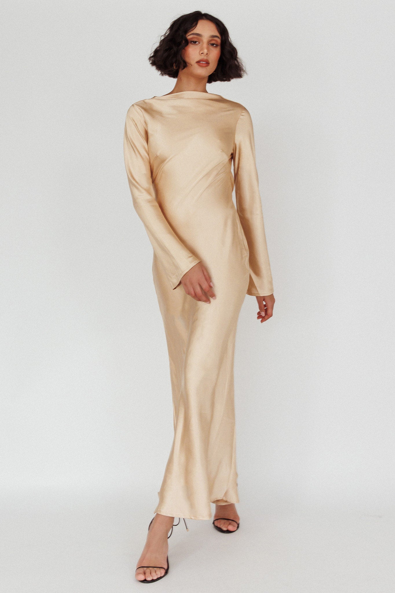Lavera Open Back Long Sleeve Dress Beige by Selfie Leslie