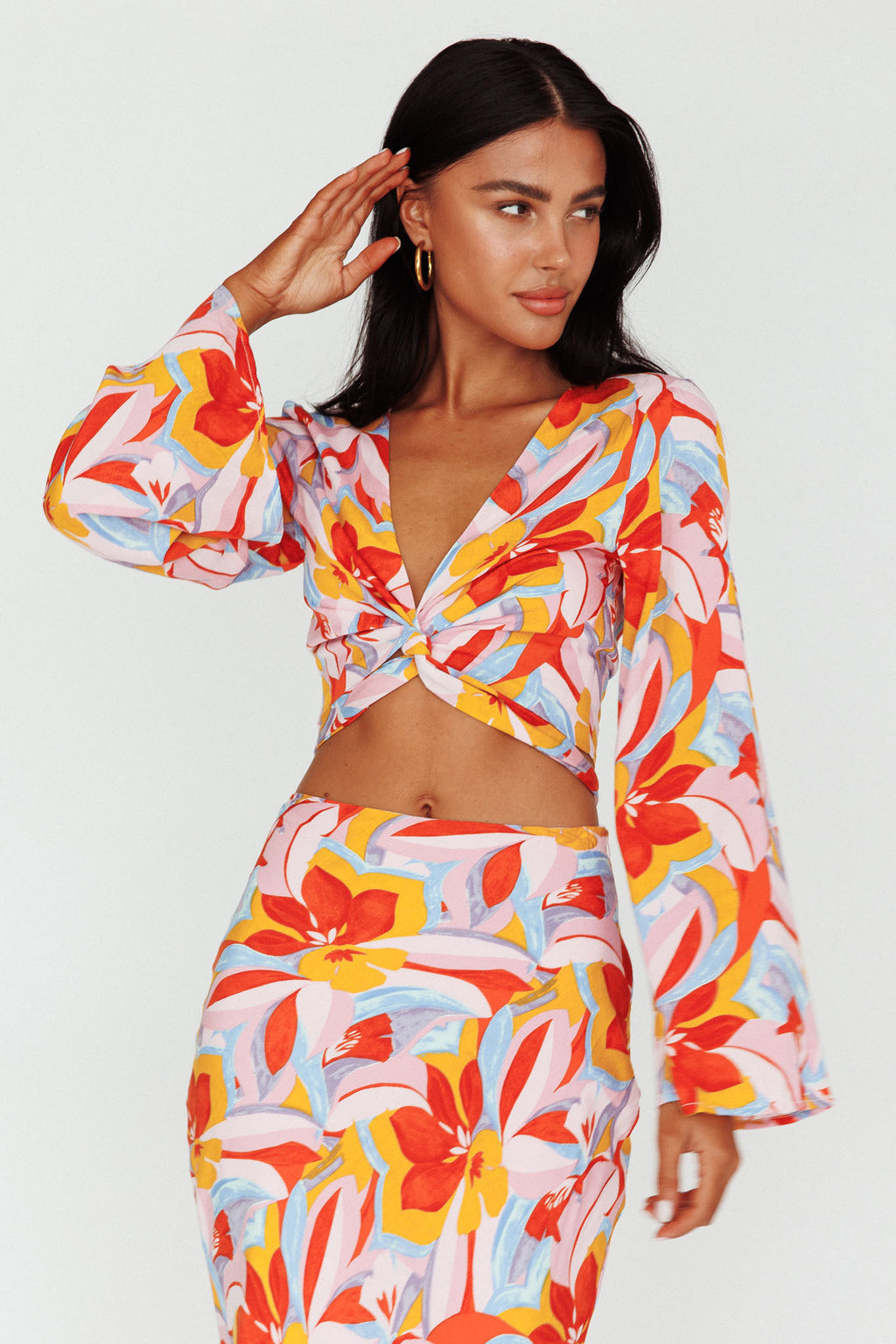Avalo Bell Sleeve Crop Top Floral Pink by Selfie Leslie