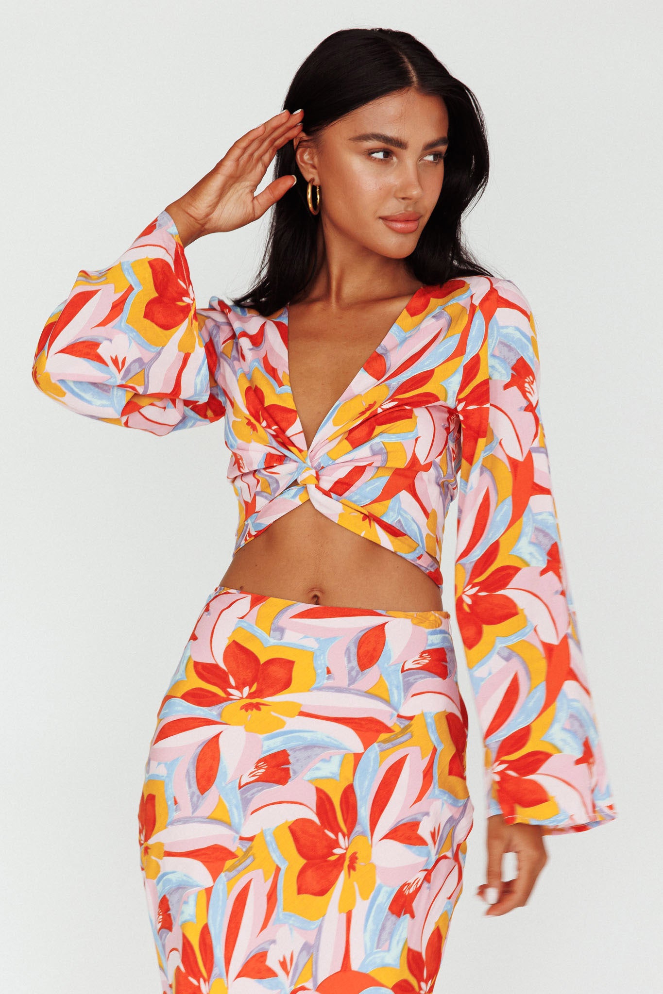 Avalo Bell Sleeve Crop Top Floral Pink by Selfie Leslie