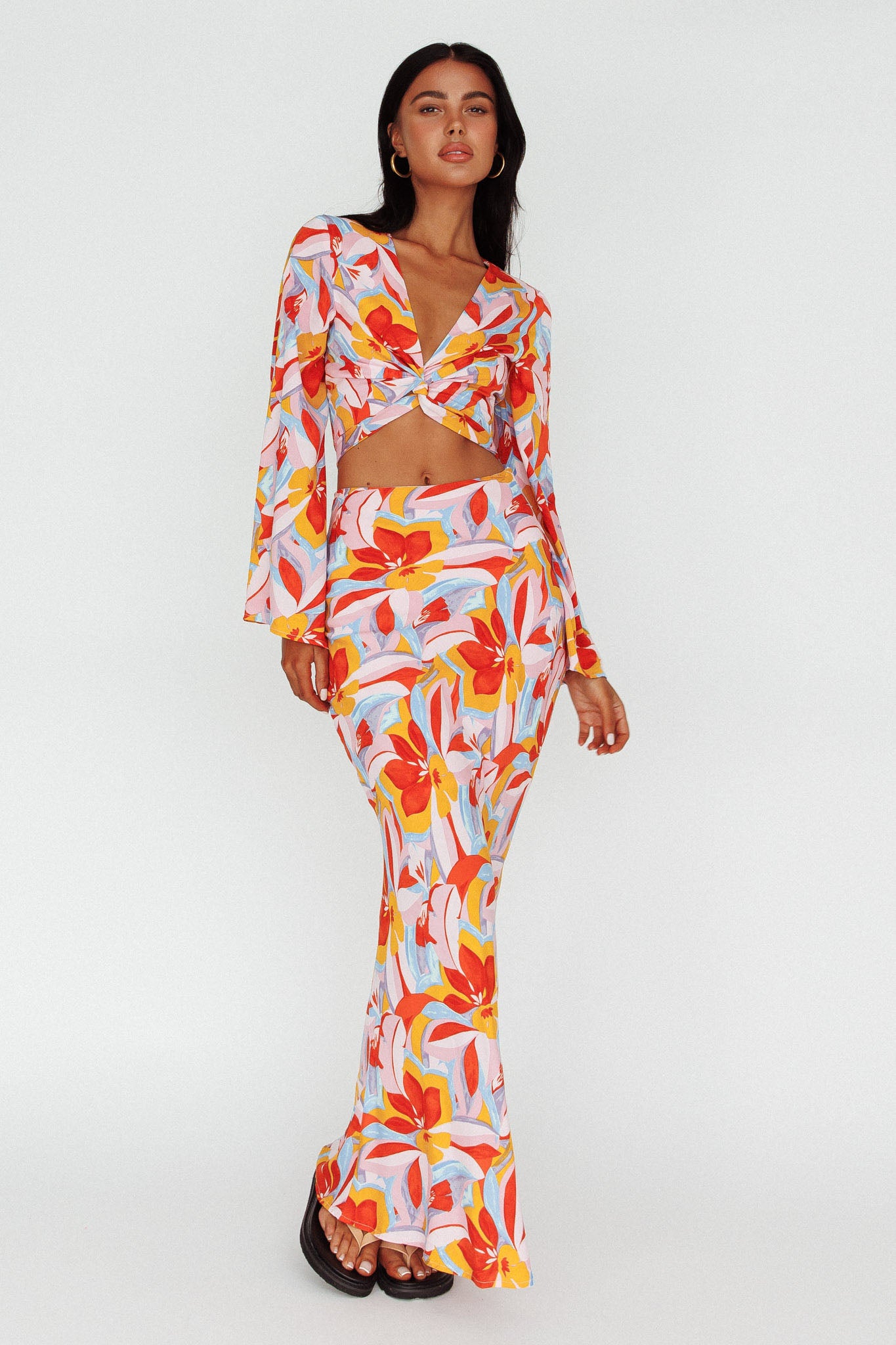 Avalo Bell Sleeve Crop Top Floral Pink by Selfie Leslie