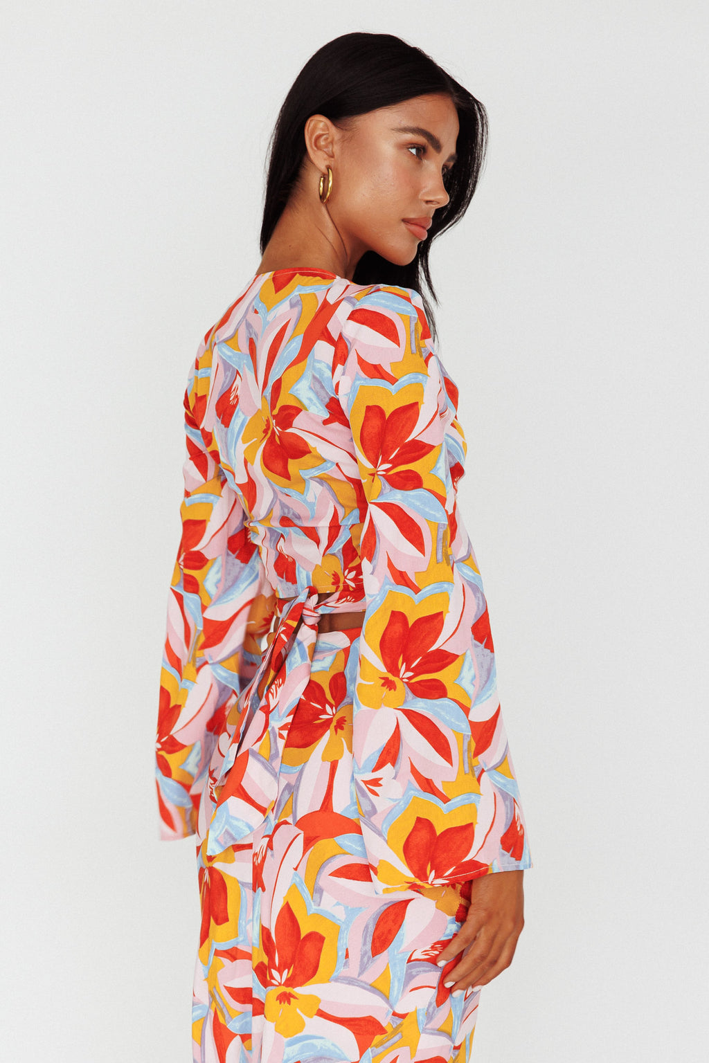 Avalo Bell Sleeve Crop Top Floral Pink by Selfie Leslie