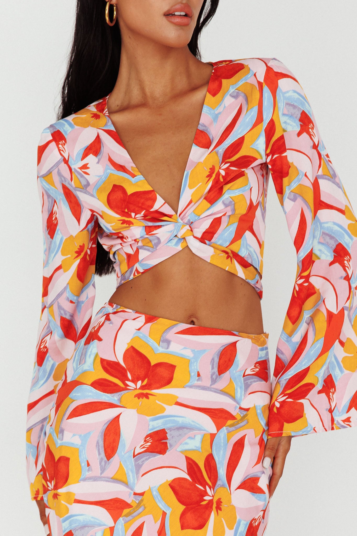 Avalo Bell Sleeve Crop Top Floral Pink by Selfie Leslie