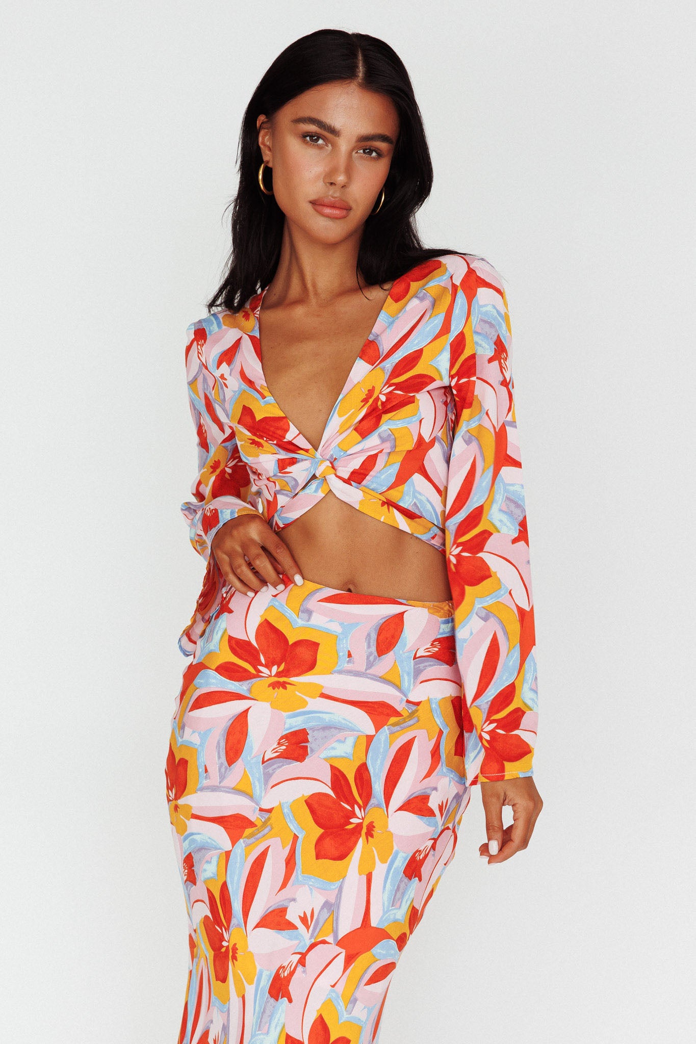 Avalo Bell Sleeve Crop Top Floral Pink by Selfie Leslie