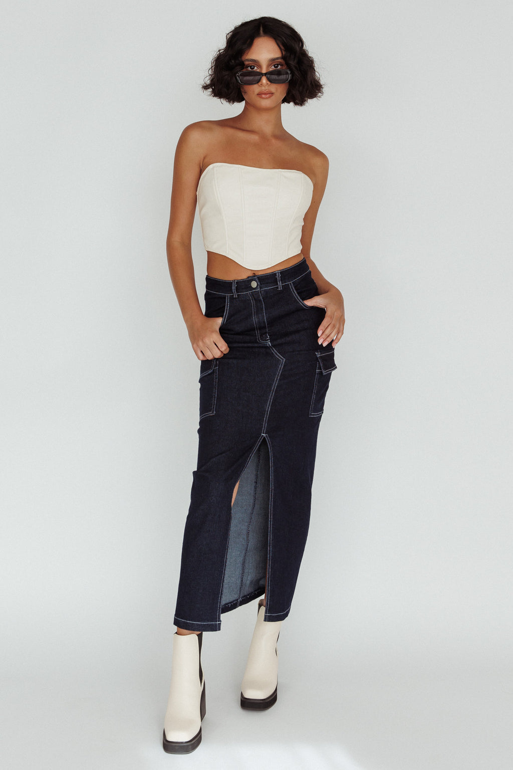 Mercury Retrograde Pocket Midi Skirt Indigo by Selfie Leslie