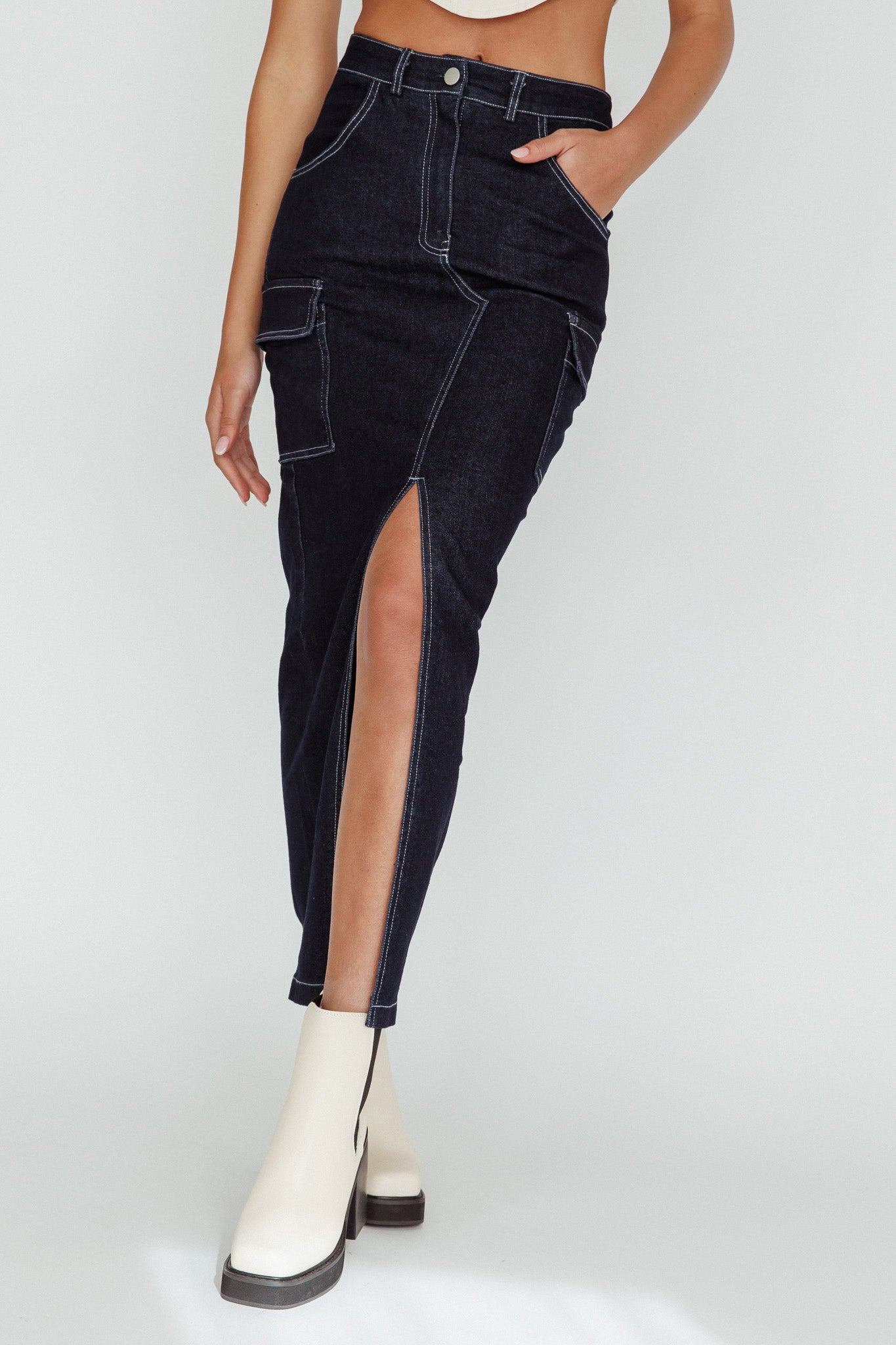 Mercury Retrograde Pocket Midi Skirt Indigo by Selfie Leslie