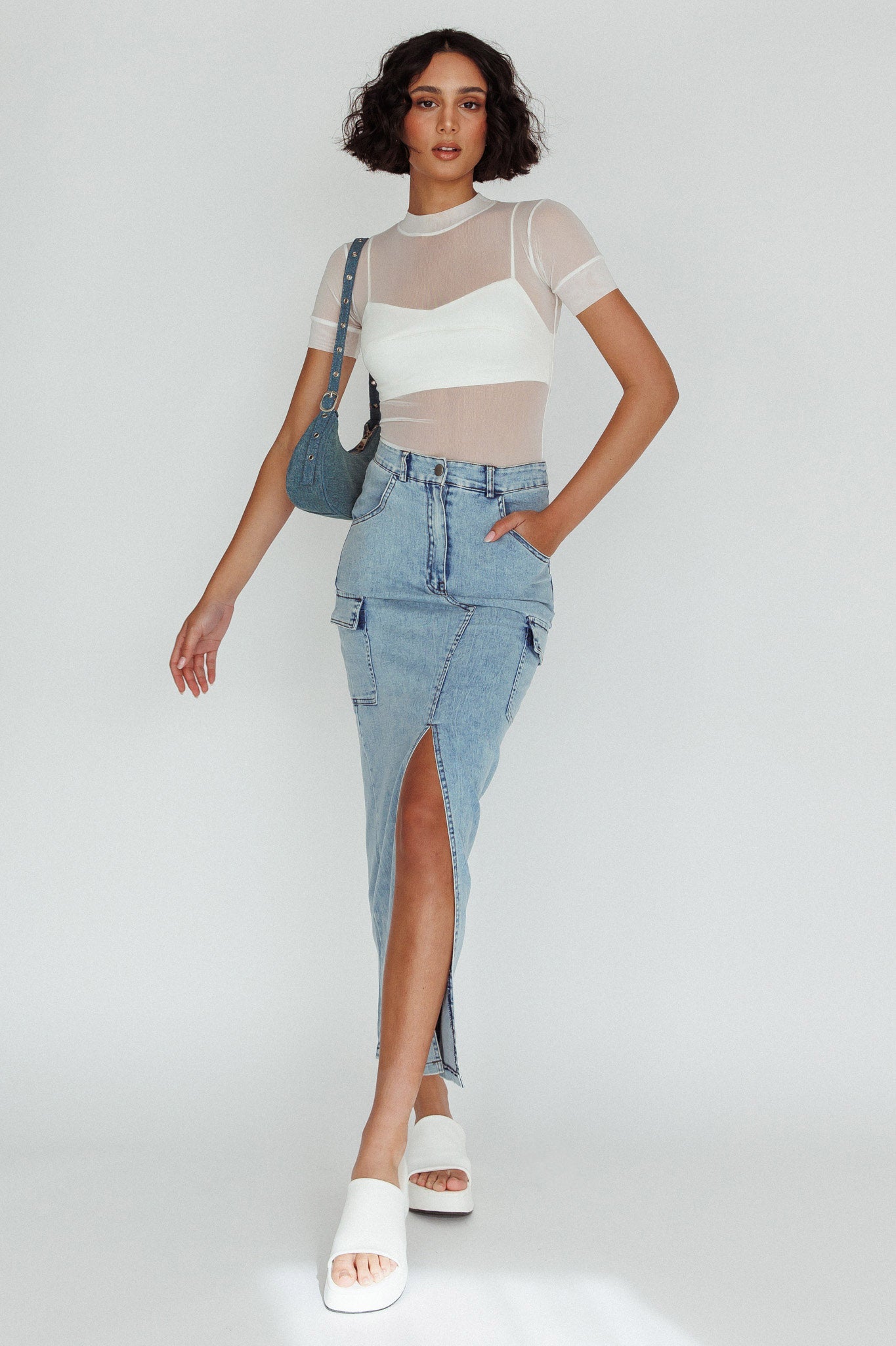 Mercury Retrograde Pocket Midi Skirt Denim by Selfie Leslie