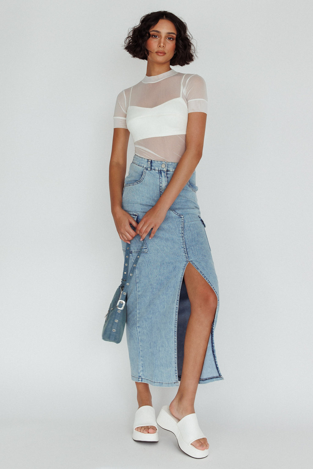 Mercury Retrograde Pocket Midi Skirt Denim by Selfie Leslie