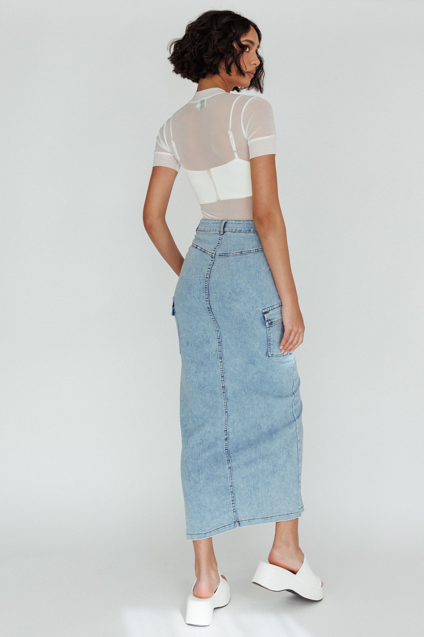 Mercury Retrograde Pocket Midi Skirt Denim by Selfie Leslie