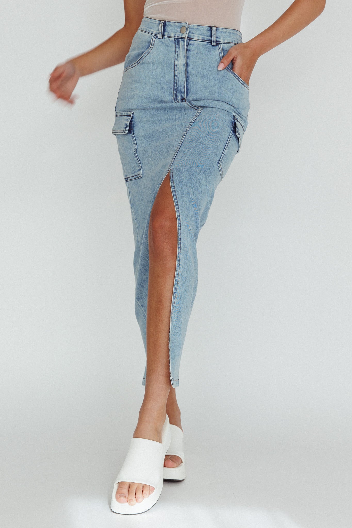 Mercury Retrograde Pocket Midi Skirt Denim by Selfie Leslie
