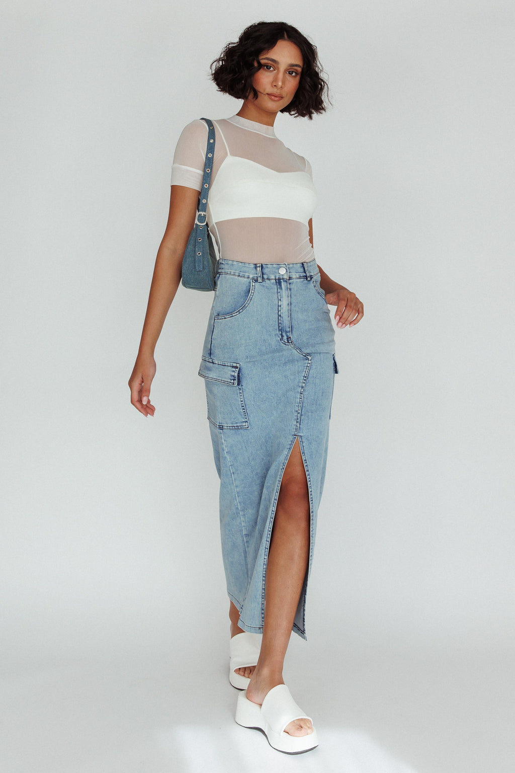 Mercury Retrograde Pocket Midi Skirt Denim by Selfie Leslie