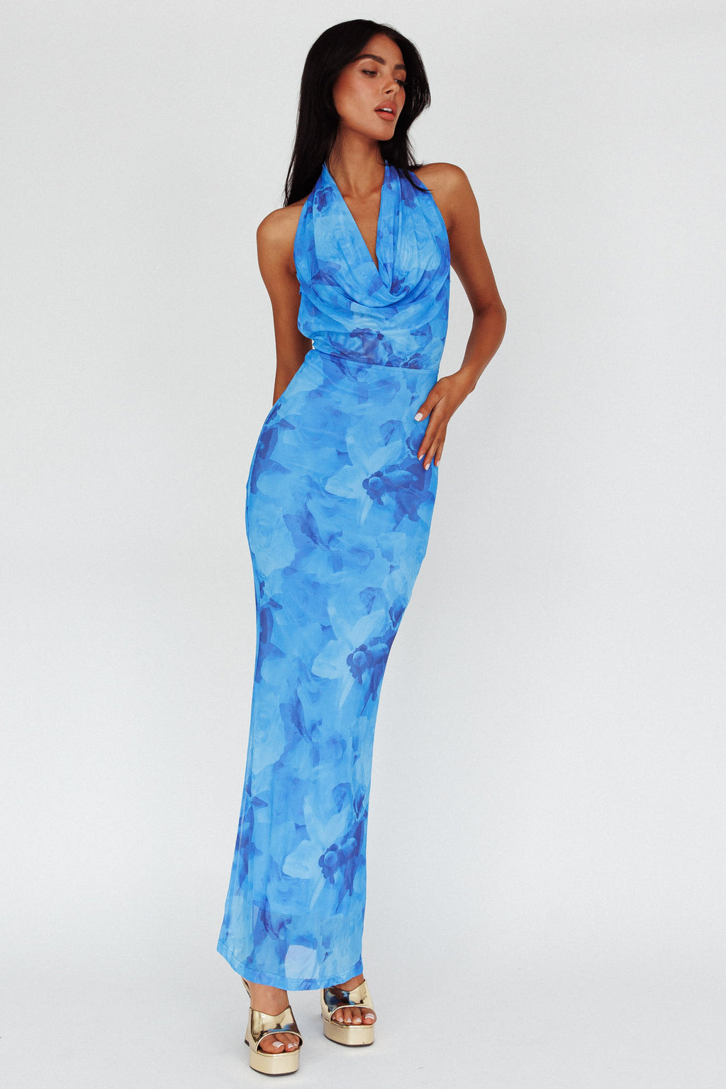 Janika Halterneck Maxi Dress Floral Blue by Selfie Leslie