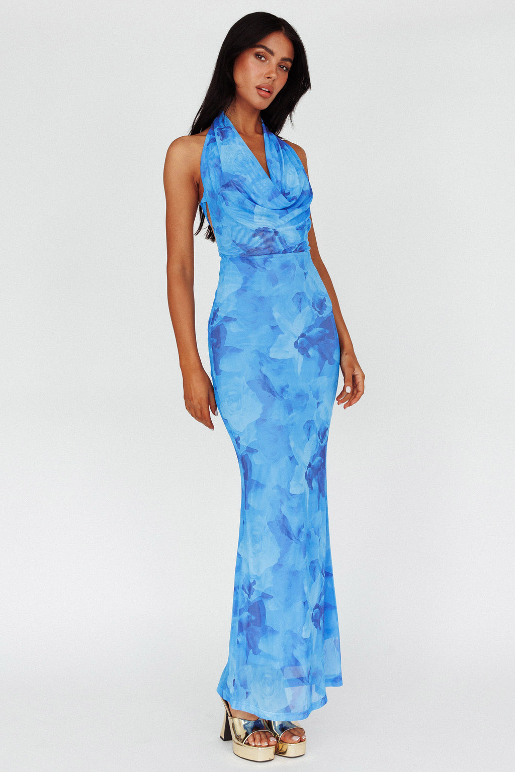 Janika Halterneck Maxi Dress Floral Blue by Selfie Leslie