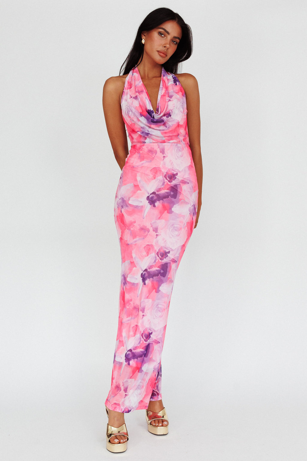 Janika Halterneck Maxi Dress Floral Pink by Selfie Leslie