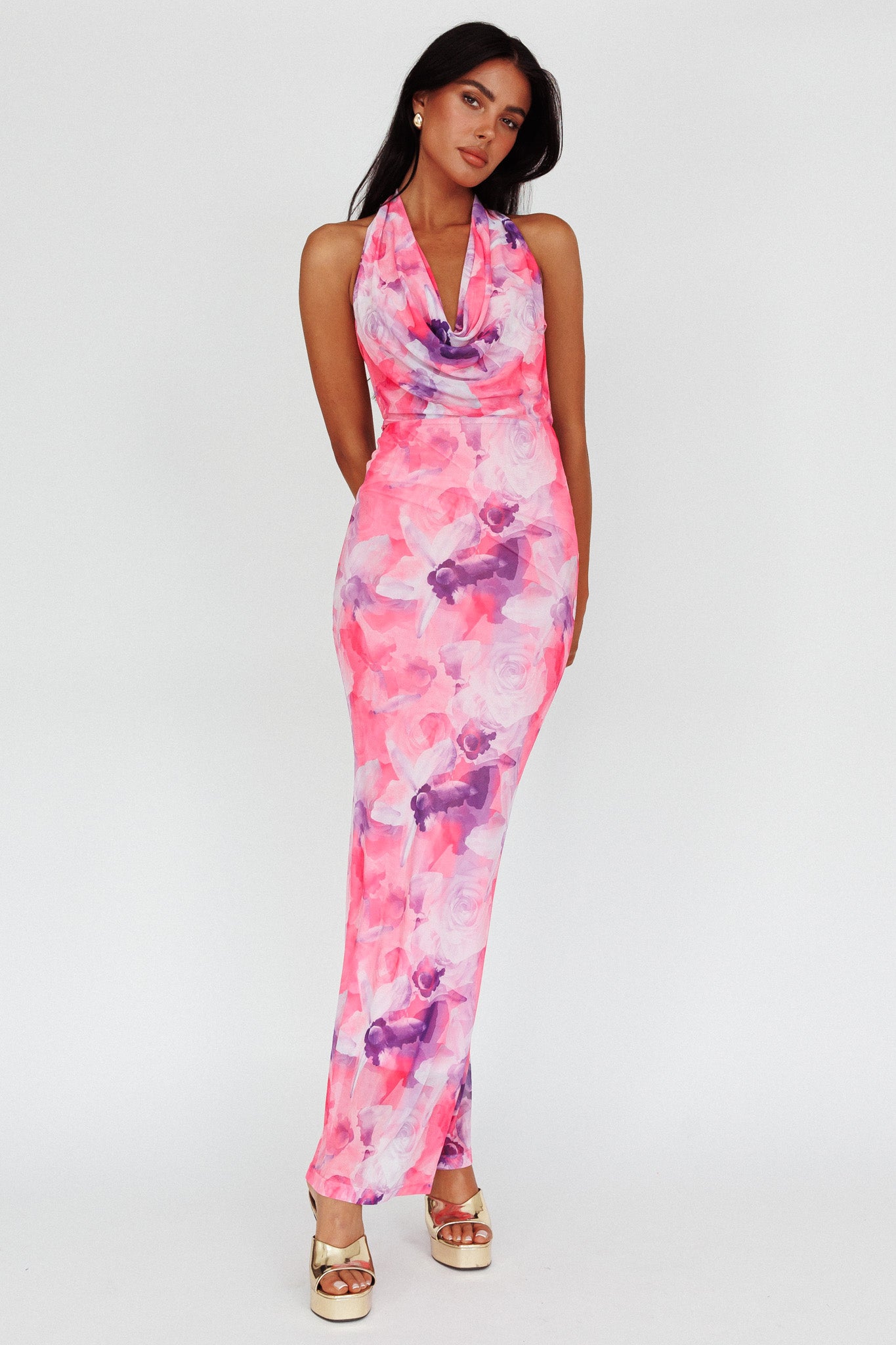 Janika Halterneck Maxi Dress Floral Pink by Selfie Leslie