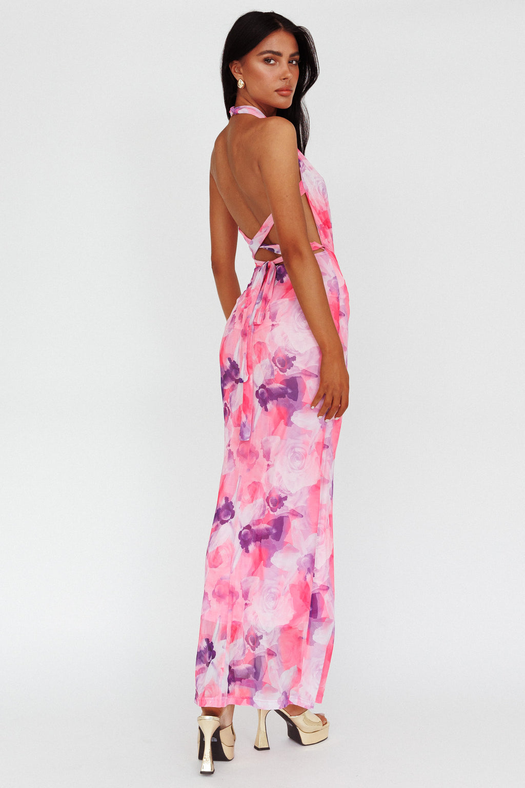 Janika Halterneck Maxi Dress Floral Pink by Selfie Leslie