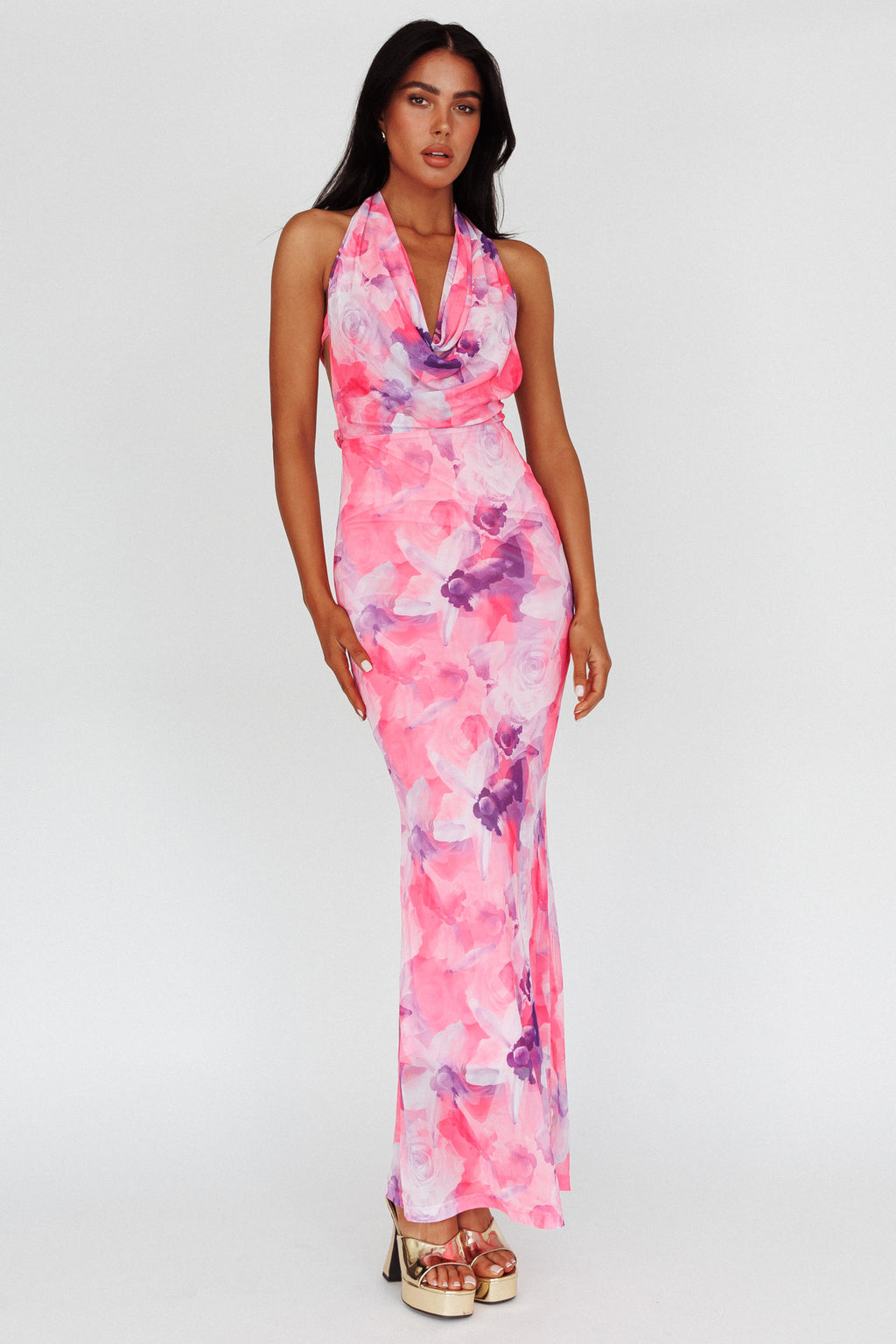 Janika Halterneck Maxi Dress Floral Pink by Selfie Leslie