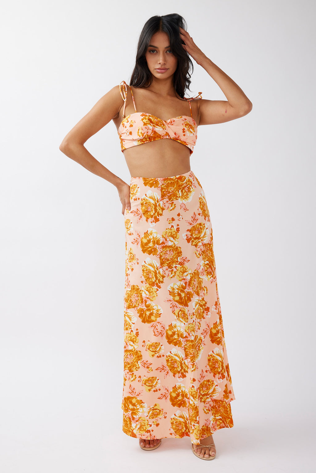 Gabbi Maxi Skirt Floral Print Orange by Selfie Leslie