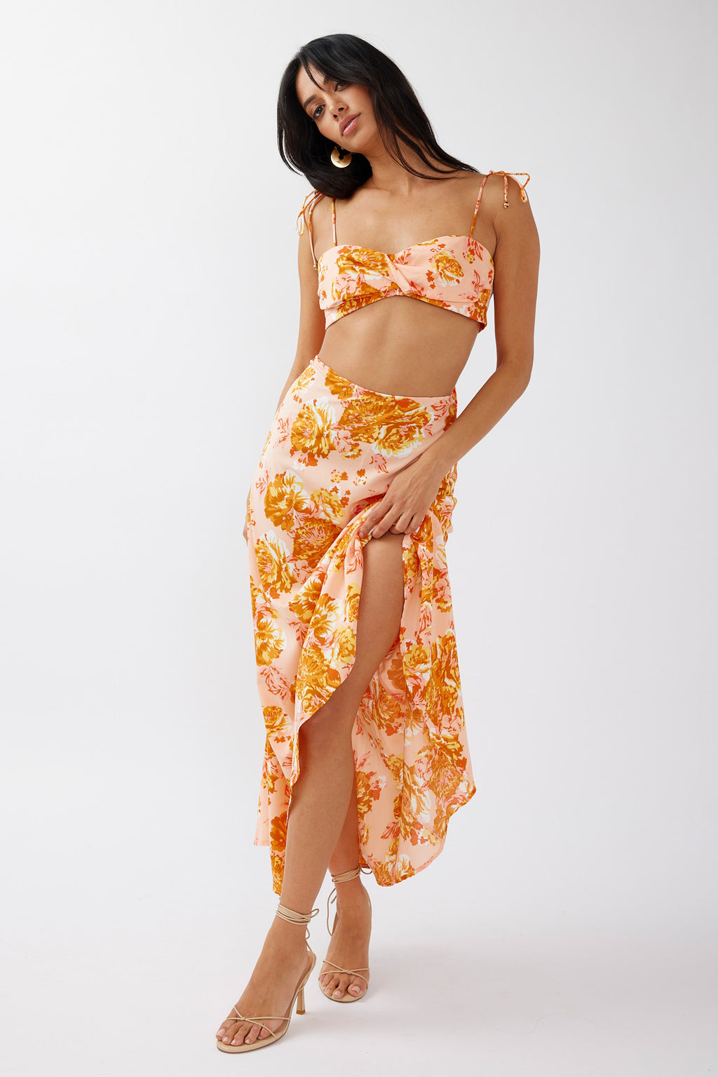Gabbi Maxi Skirt Floral Print Orange by Selfie Leslie