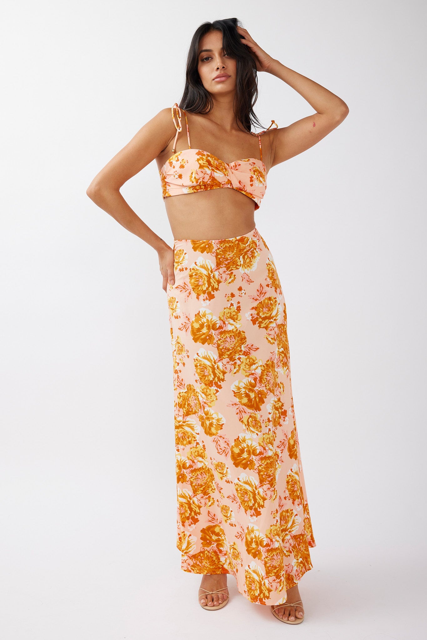 Gabbi Tied Shoulder Crop Top Floral Orange by Selfie Leslie