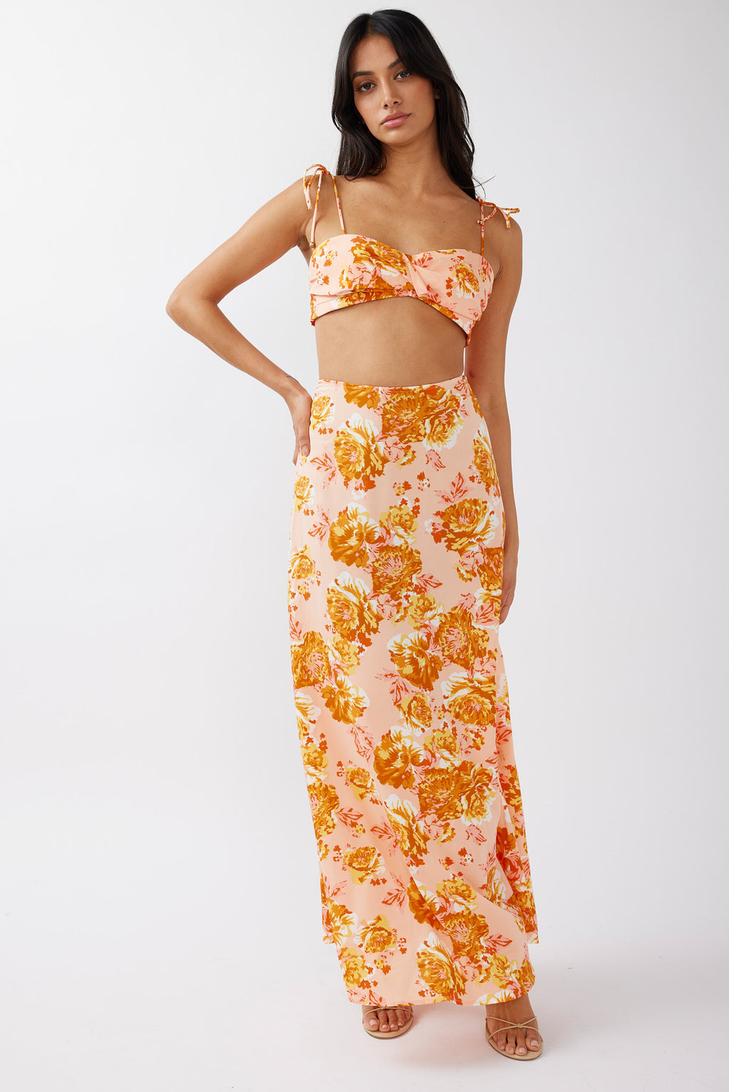 Gabbi Tied Shoulder Crop Top Floral Orange by Selfie Leslie