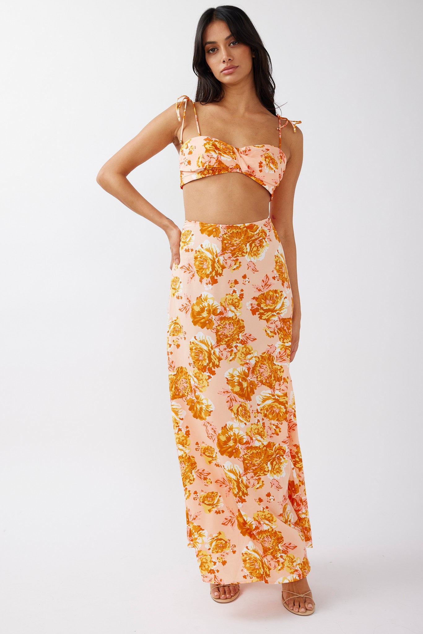 Gabbi Tied Shoulder Crop Top Floral Orange by Selfie Leslie