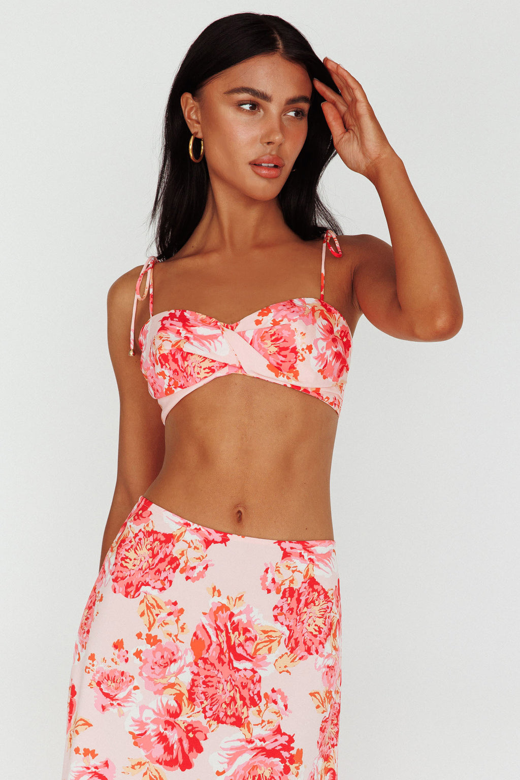 Gabbi Tied Shoulder Crop Top Floral Pink by Selfie Leslie