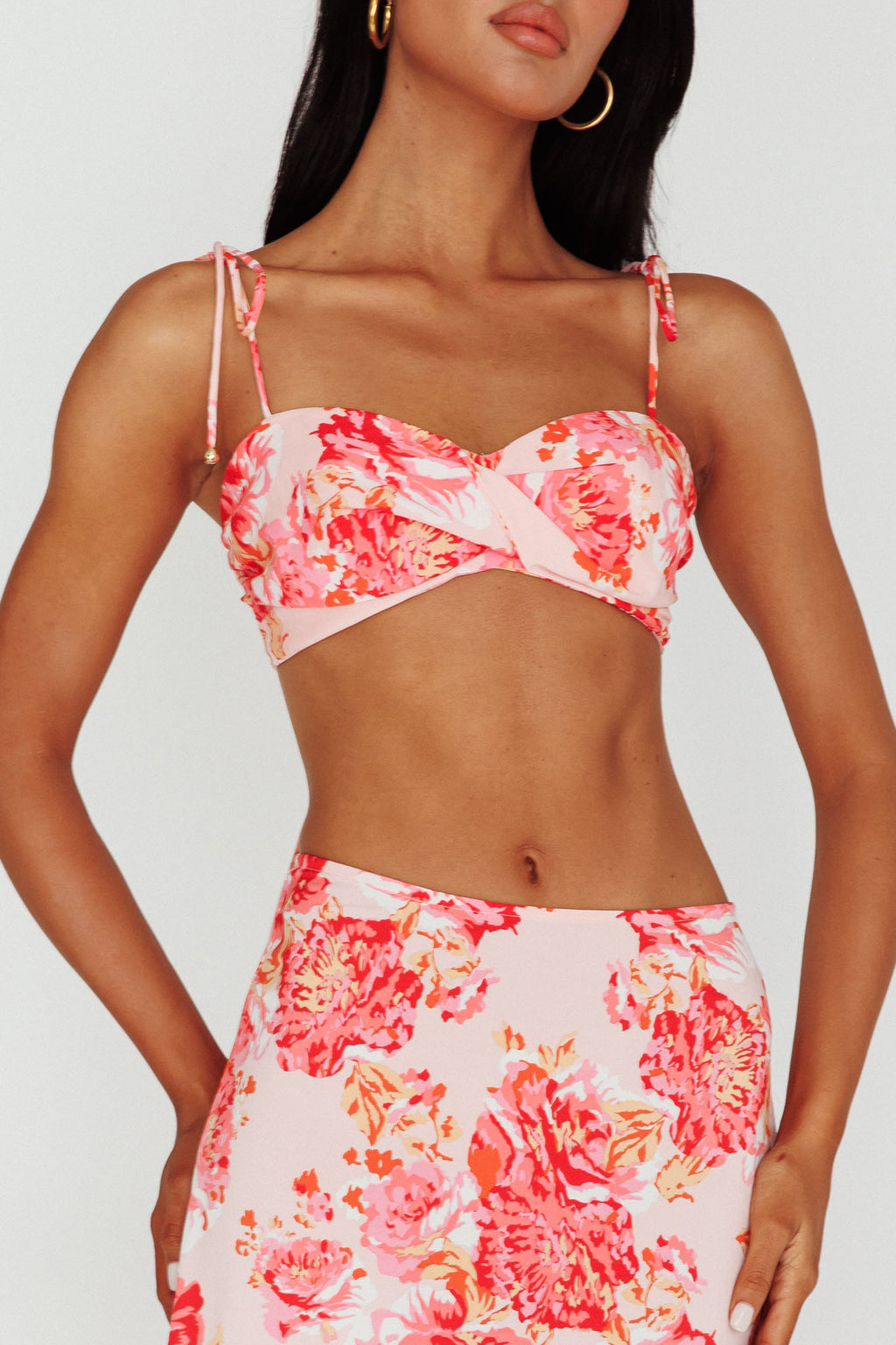 Gabbi Tied Shoulder Crop Top Floral Pink by Selfie Leslie