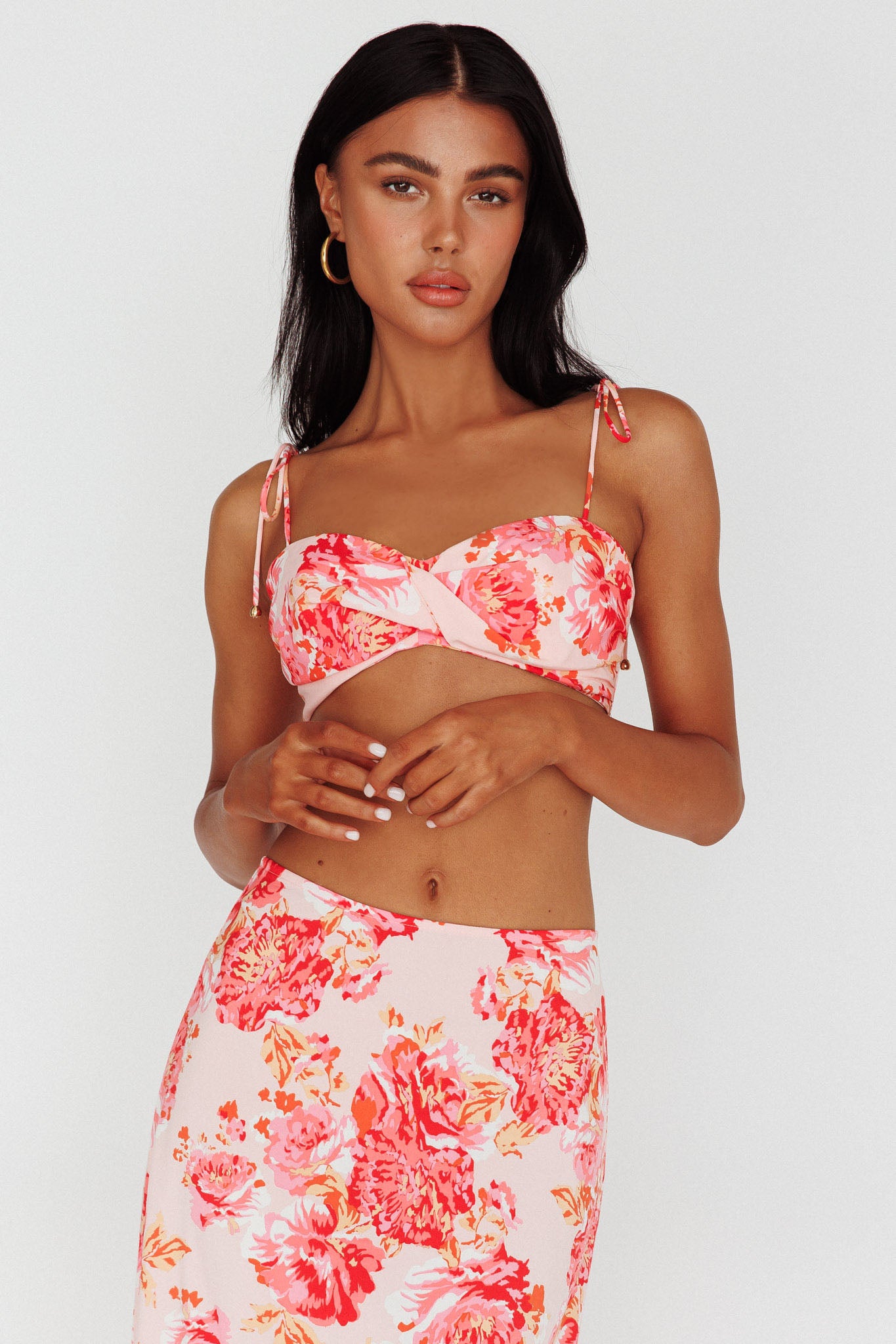 Gabbi Tied Shoulder Crop Top Floral Pink by Selfie Leslie