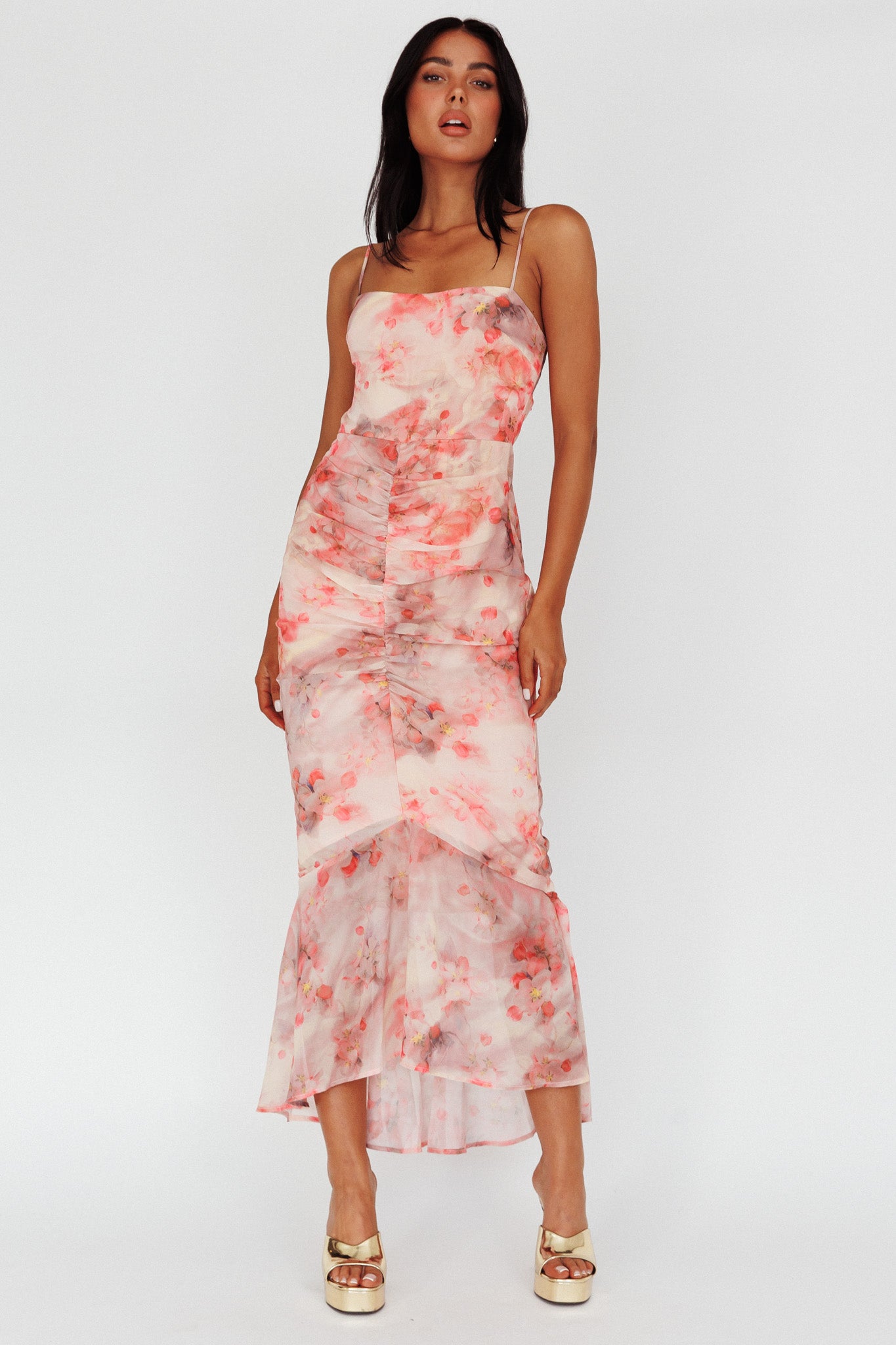 Sayna Ruched Front Midi Dress Floral Pink by Selfie Leslie