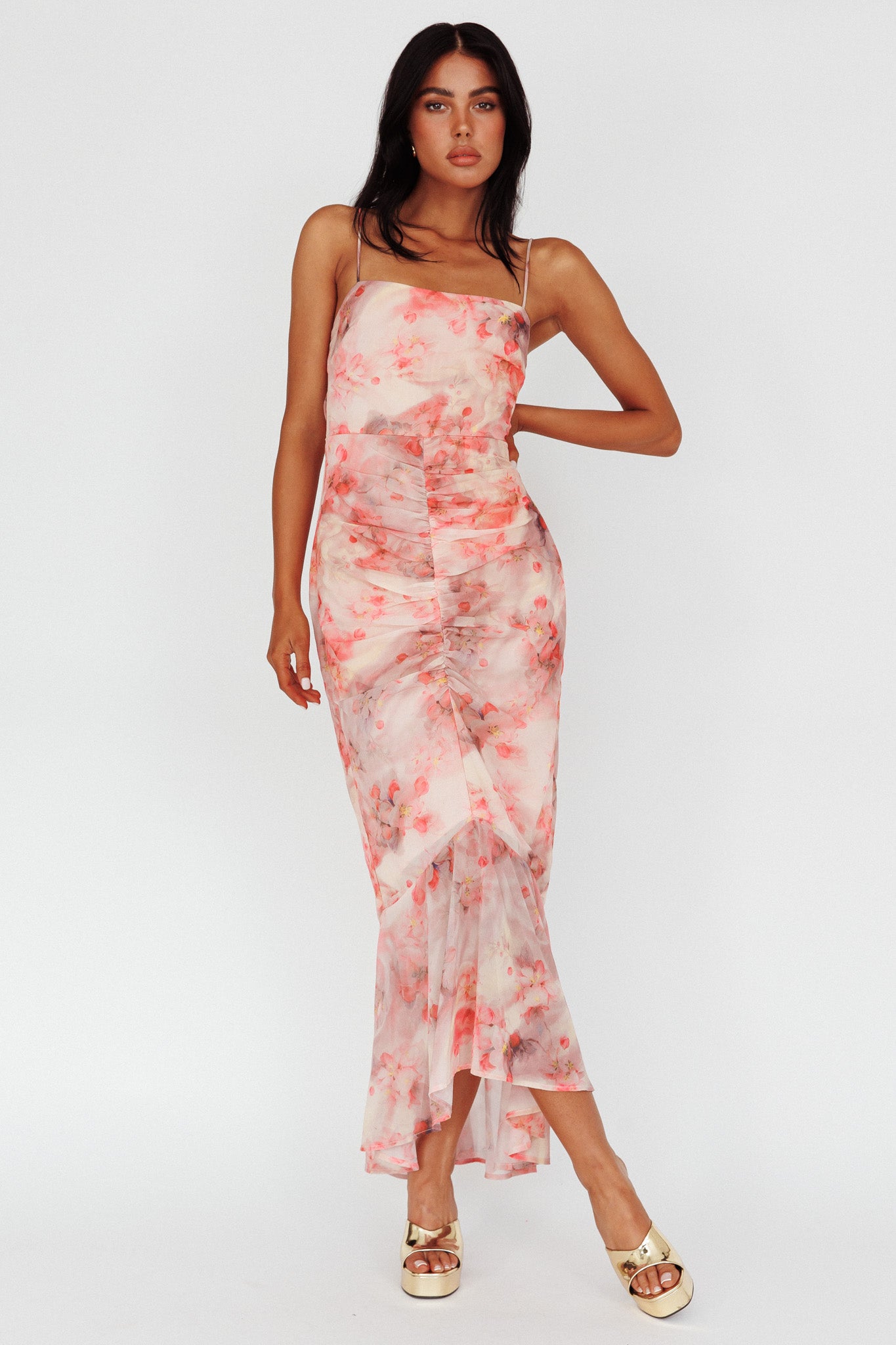 Sayna Ruched Front Midi Dress Floral Pink by Selfie Leslie