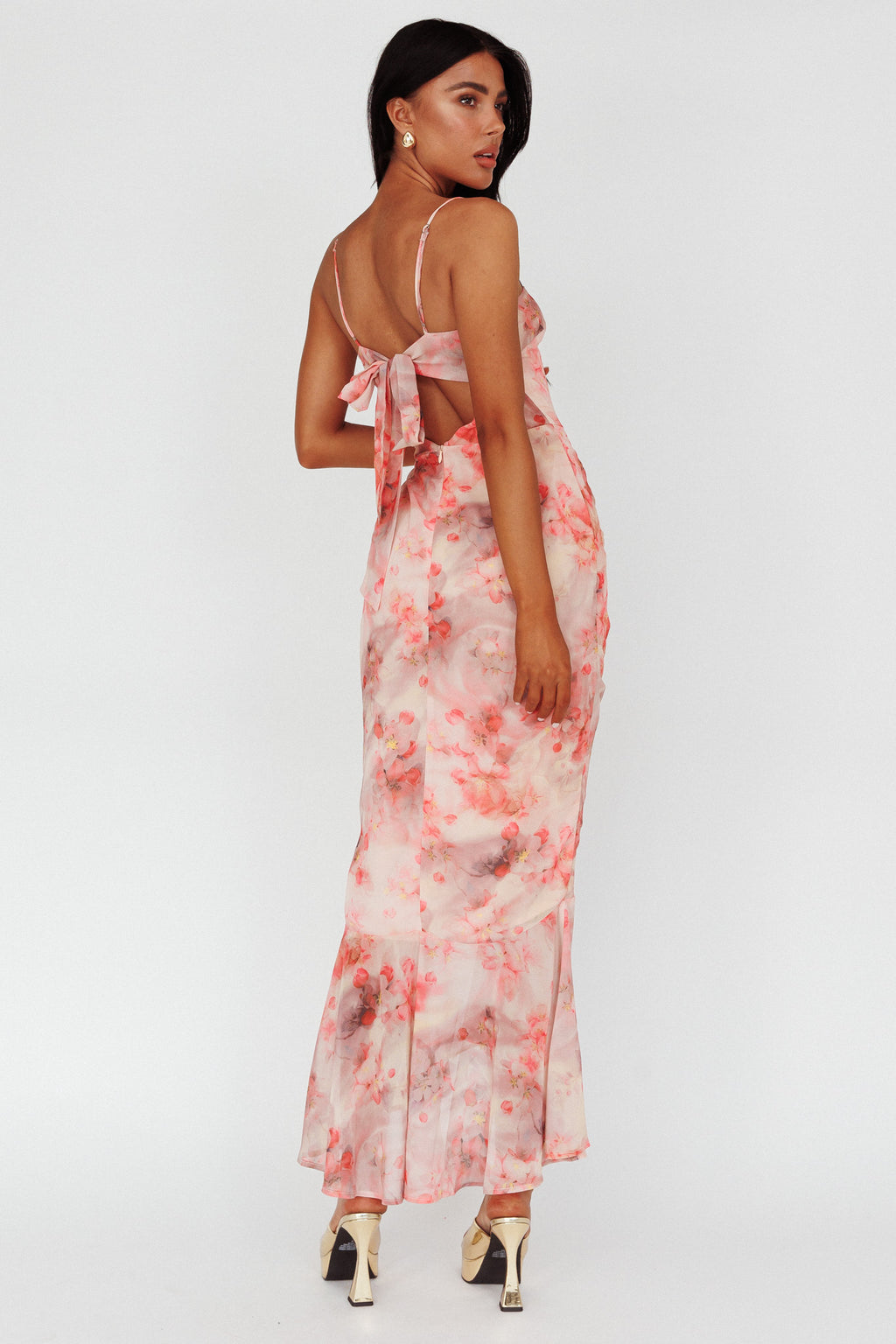 Sayna Ruched Front Midi Dress Floral Pink by Selfie Leslie