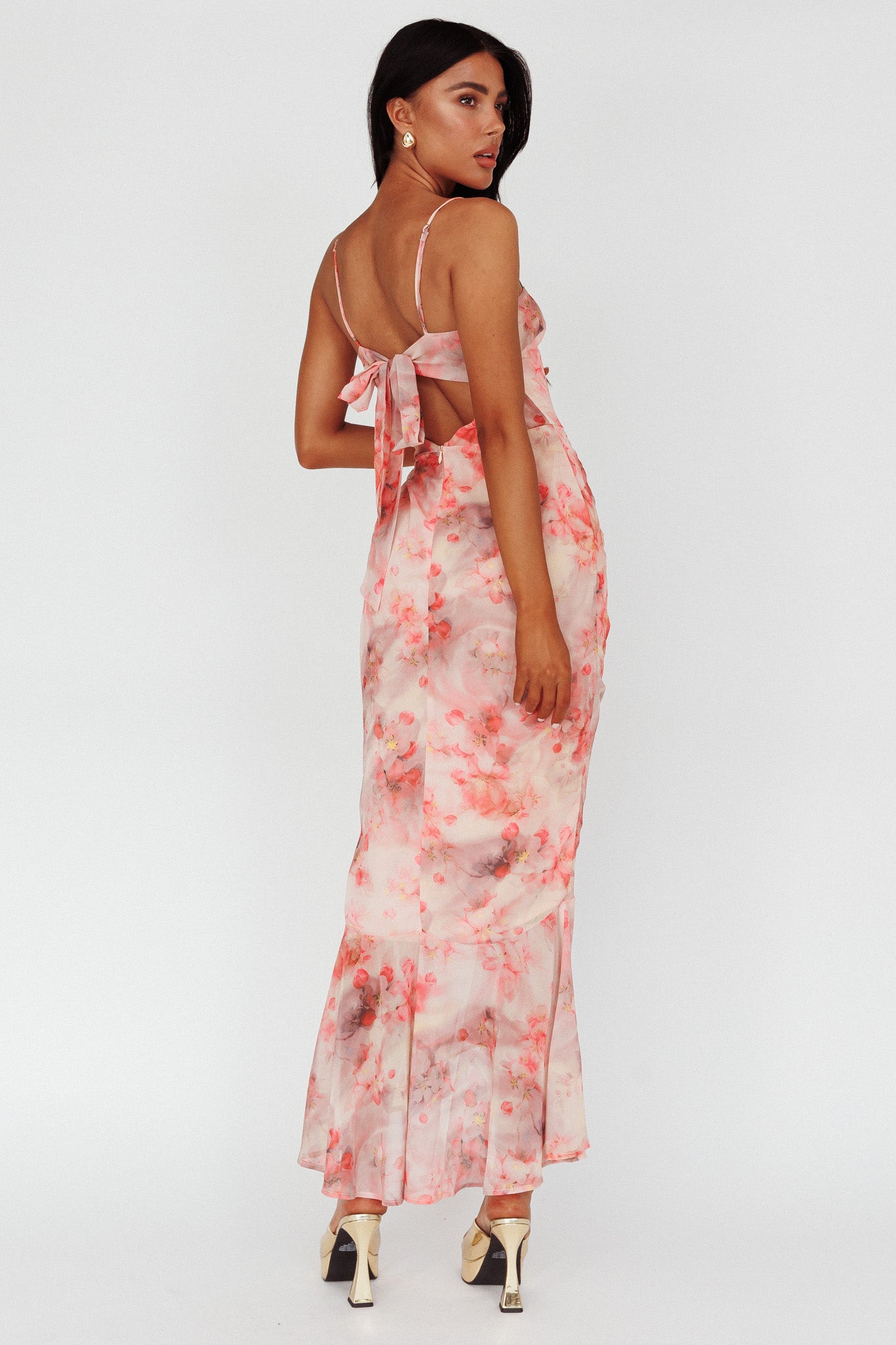 Sayna Ruched Front Midi Dress Floral Pink by Selfie Leslie
