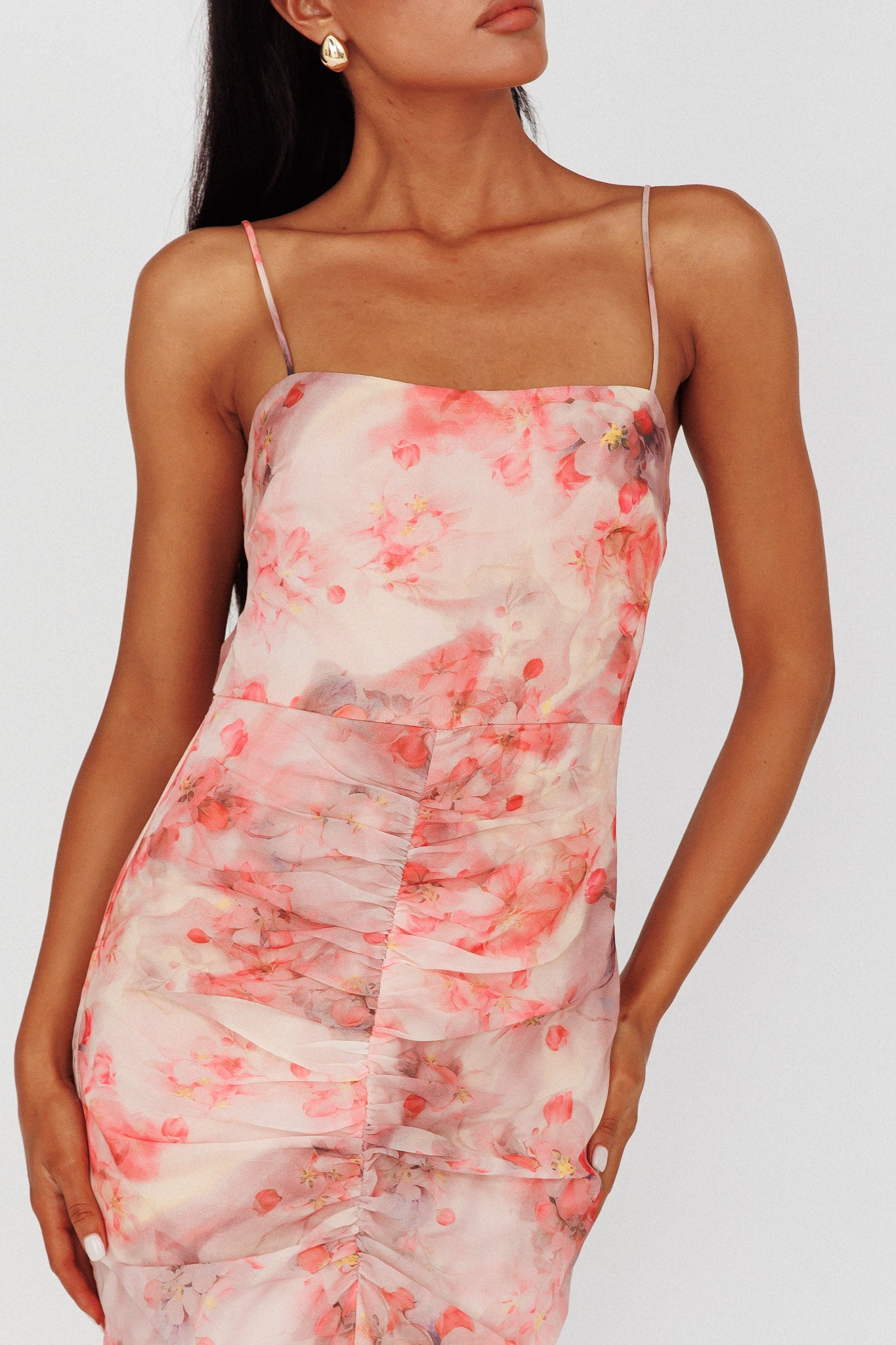 Sayna Ruched Front Midi Dress Floral Pink by Selfie Leslie