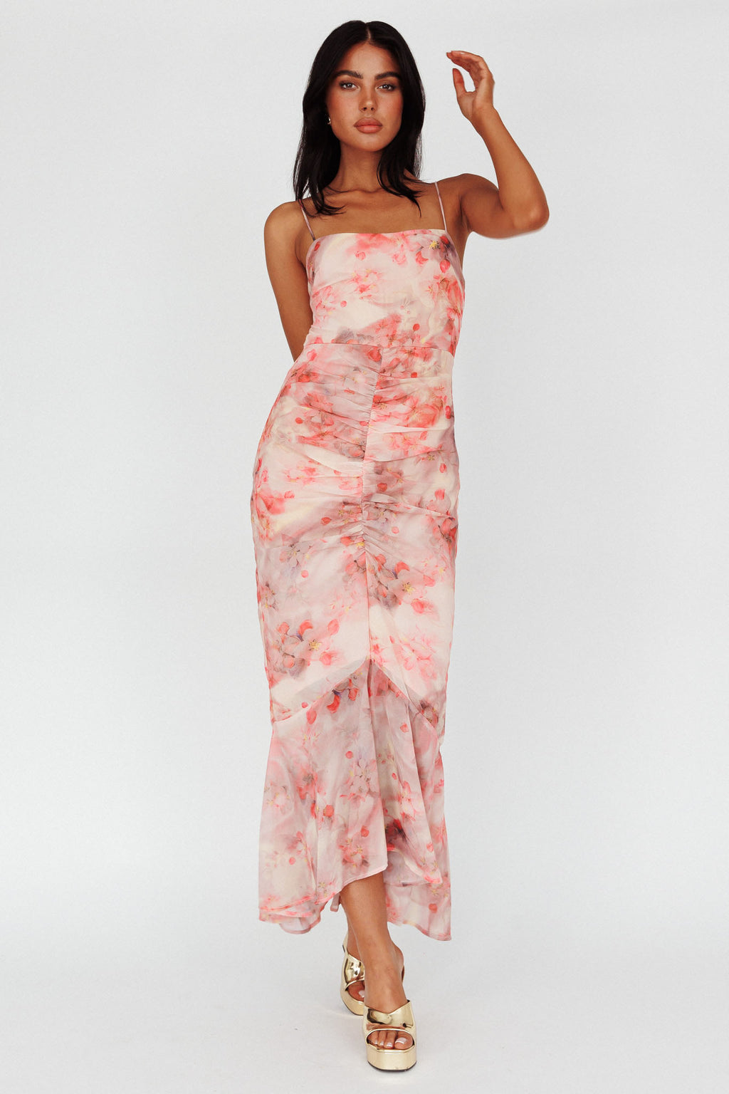 Sayna Ruched Front Midi Dress Floral Pink by Selfie Leslie