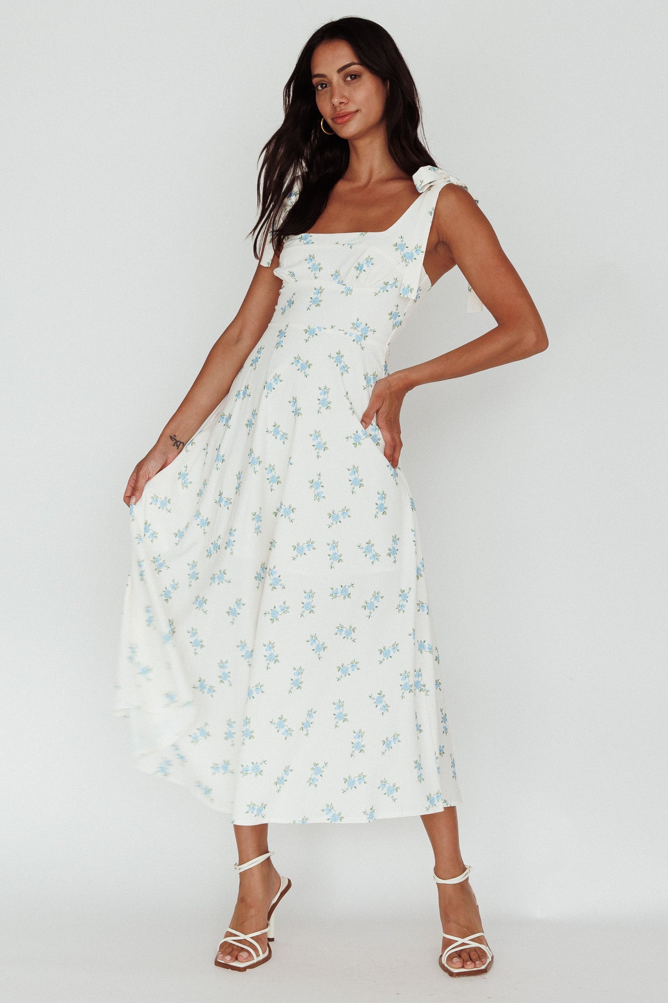 Shop the Mathilda Tied Shoulder Midi Dress Blue Floral | Selfie Leslie