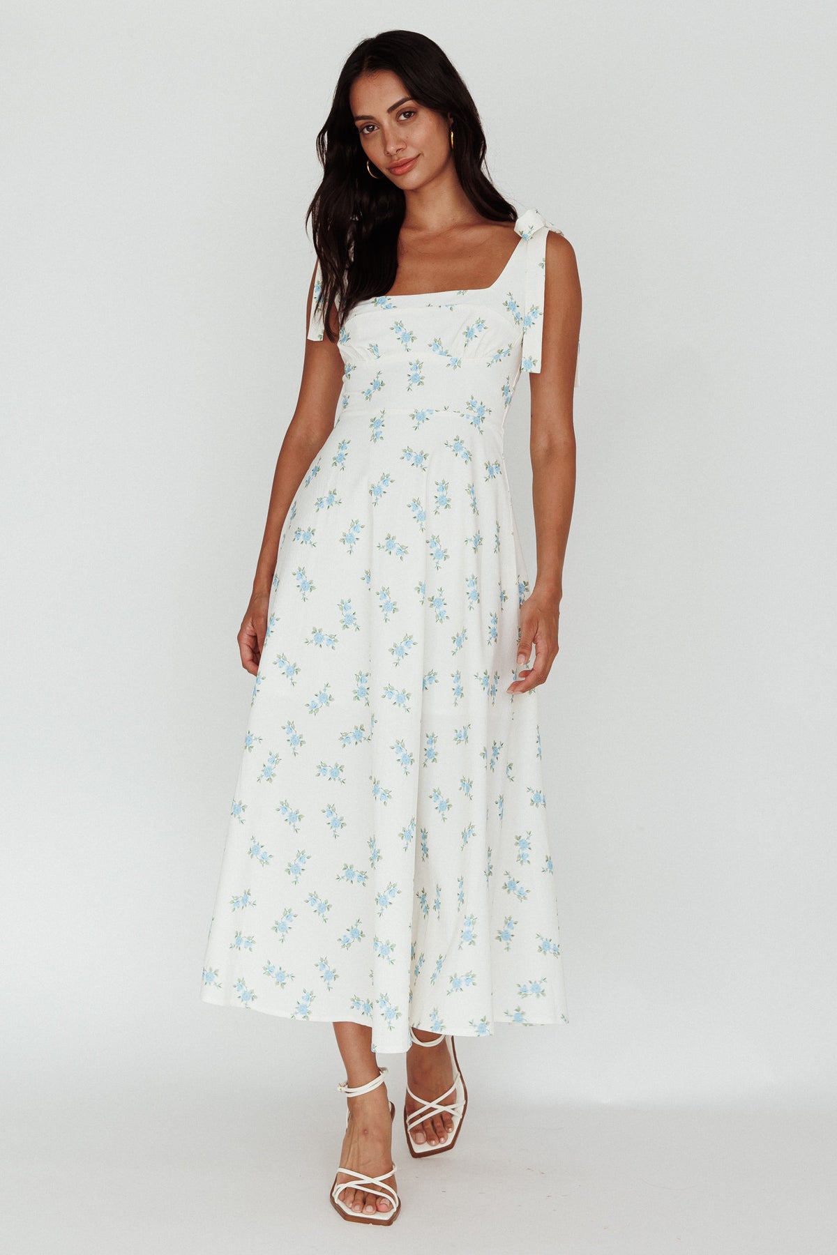 Mathilda Tied Shoulder Midi Dress Blue Floral | Selfie Leslie