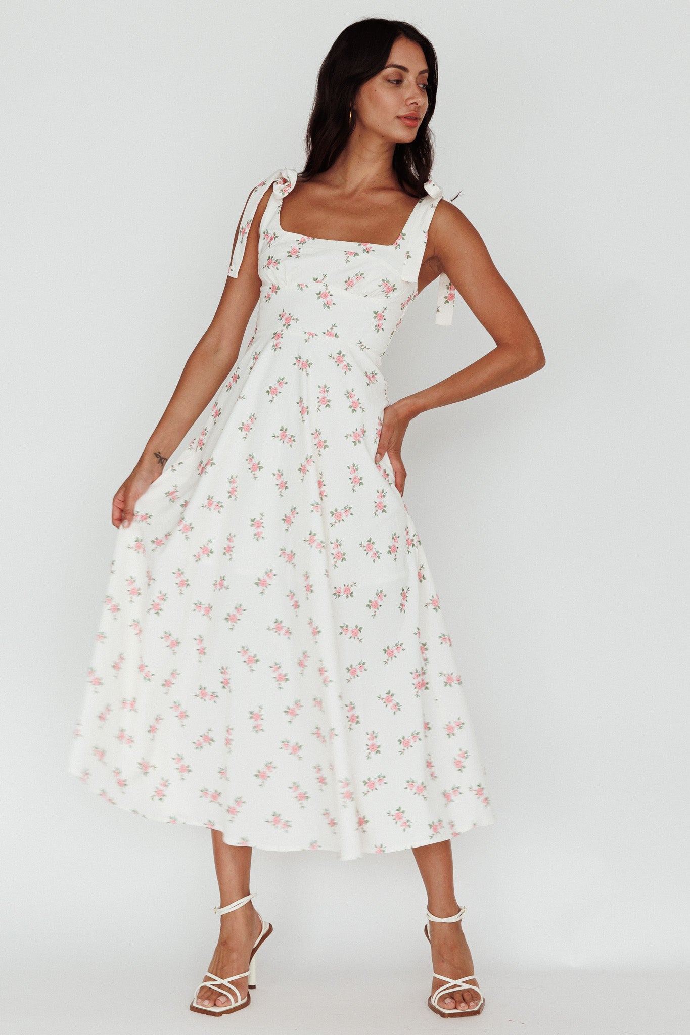 Mathilda Tied Shoulder Midi Dress Pink Floral by Selfie Leslie