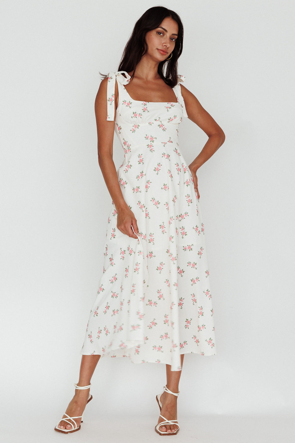 Mathilda Tied Shoulder Midi Dress Pink Floral by Selfie Leslie