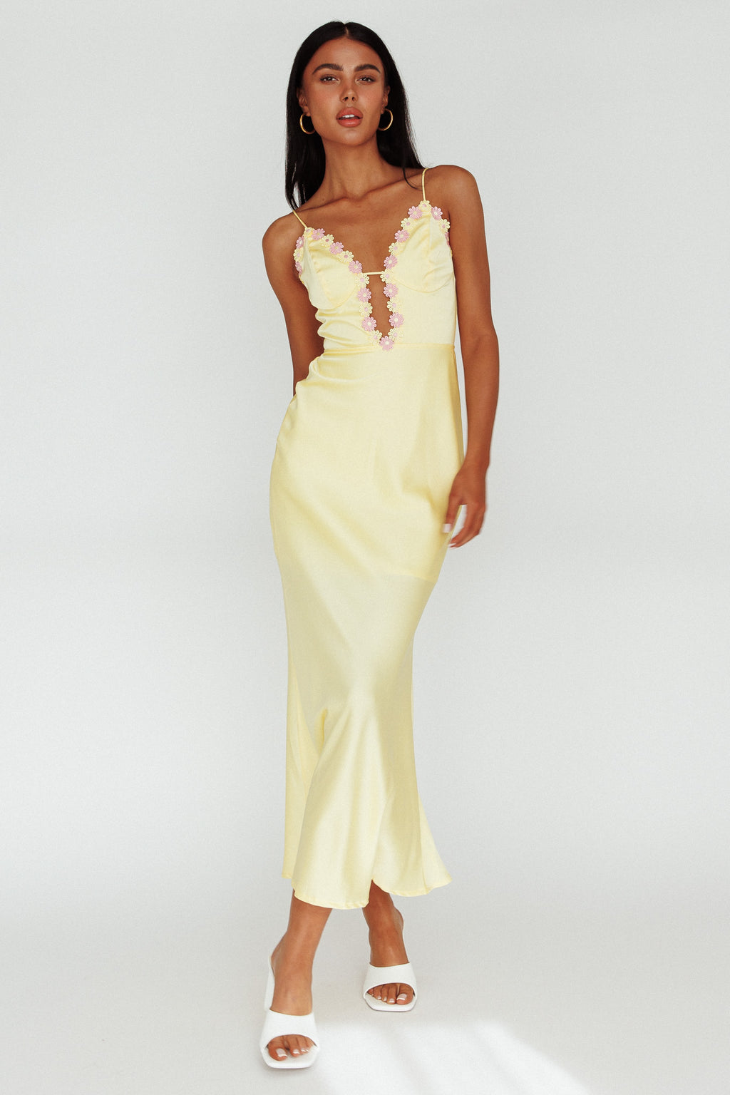 Honeysuckle Floral Neckline Midi Dress Lemon by Selfie Leslie