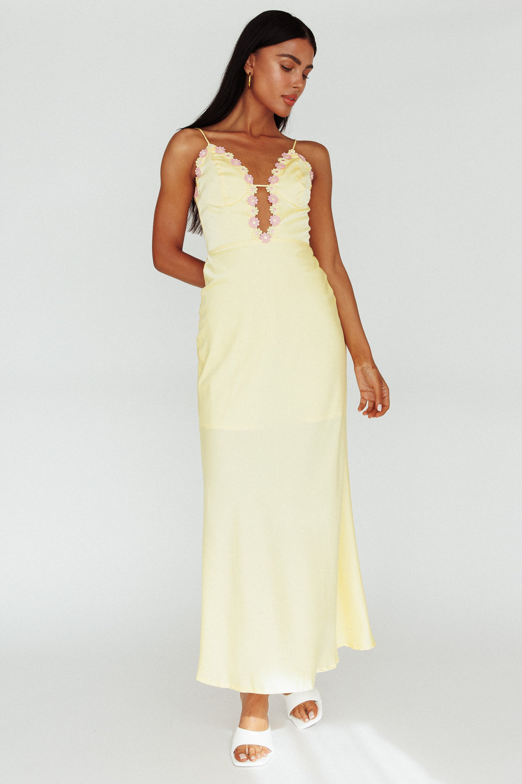 Honeysuckle Floral Neckline Midi Dress Lemon– Selfie Leslie