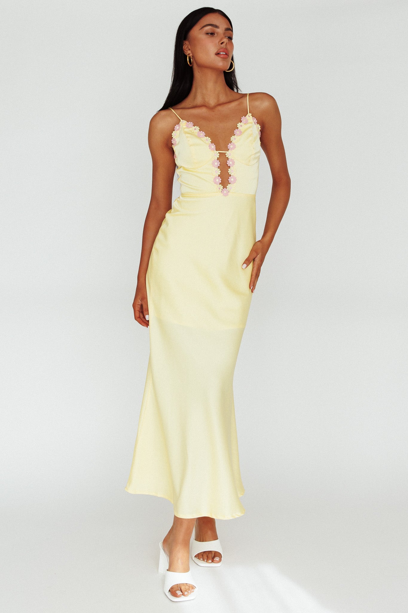 Honeysuckle Floral Neckline Midi Dress Lemon by Selfie Leslie